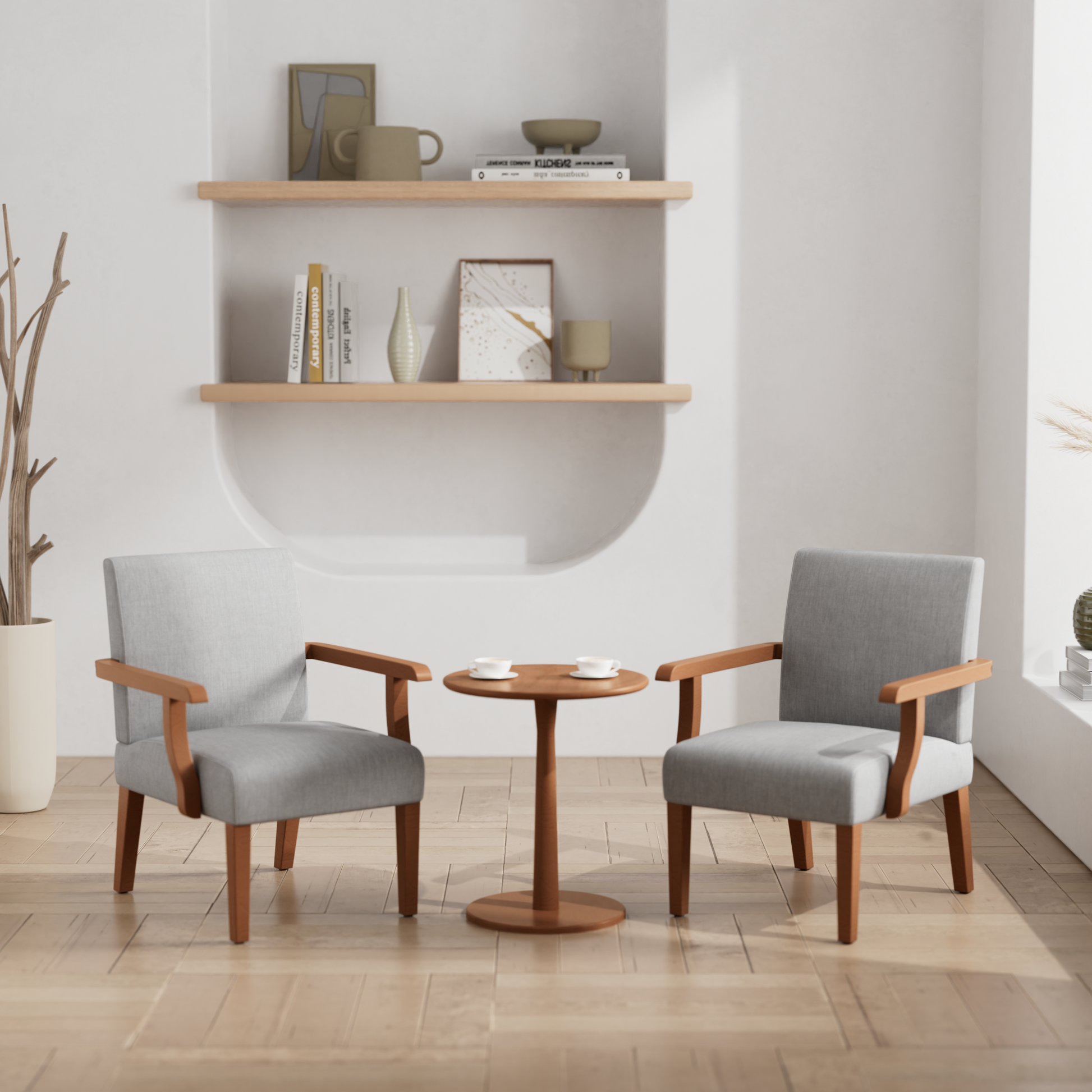 Light grey upholstered accent chair with wooden arms and legs