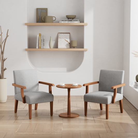 Light grey upholstered accent chair with wooden arms and legs