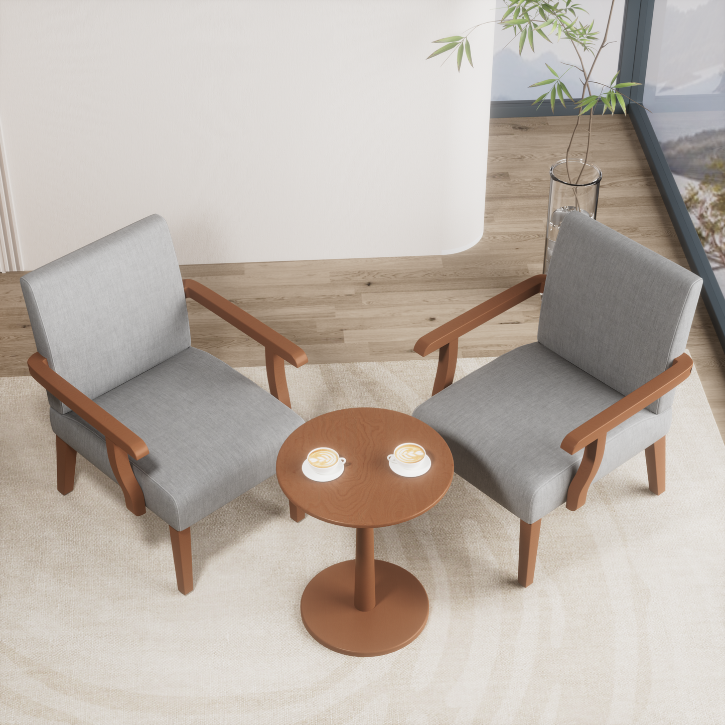 Two gray fabric armchairs with wooden frames beside a round coffee table
