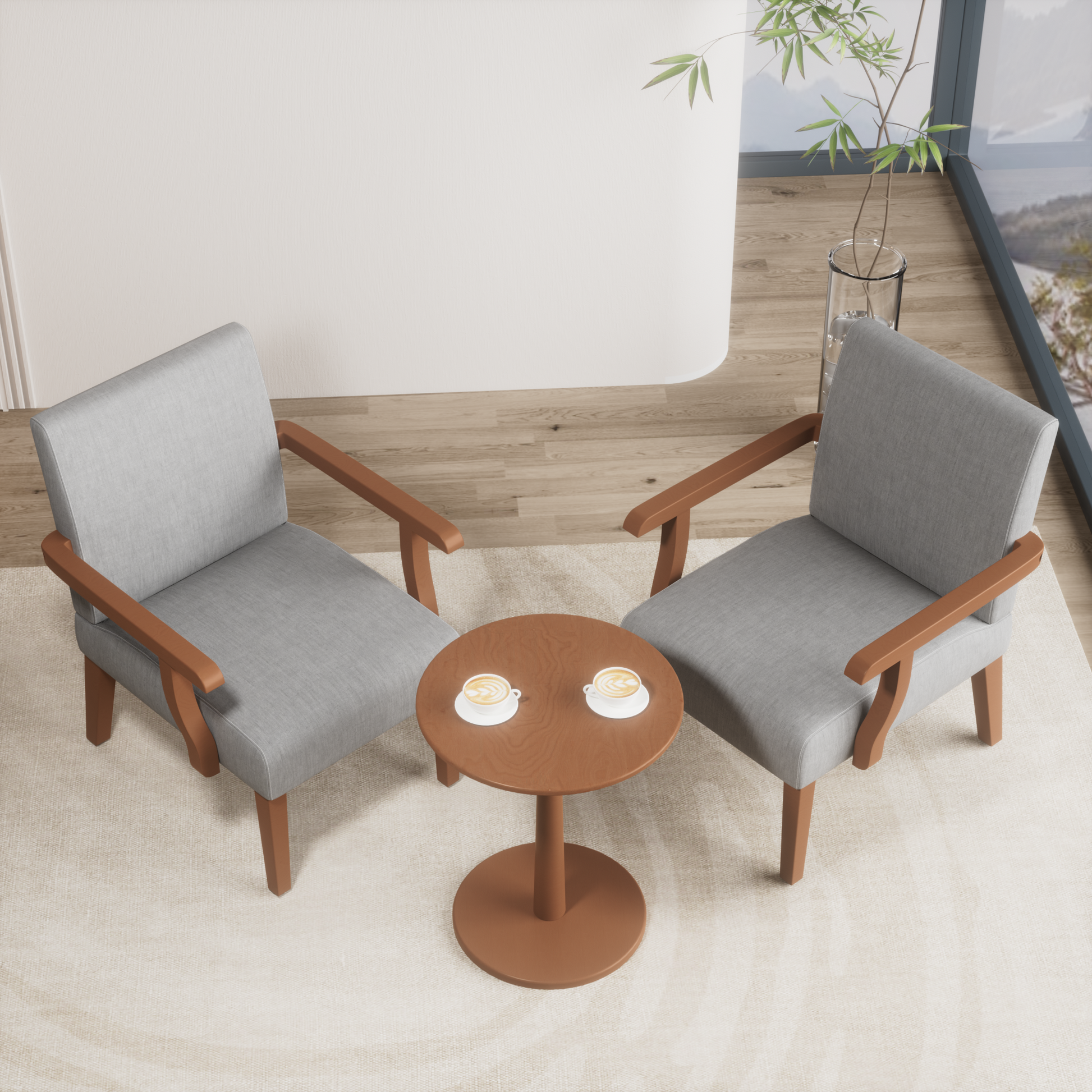 Two gray fabric armchairs with wooden frames beside a round coffee table
