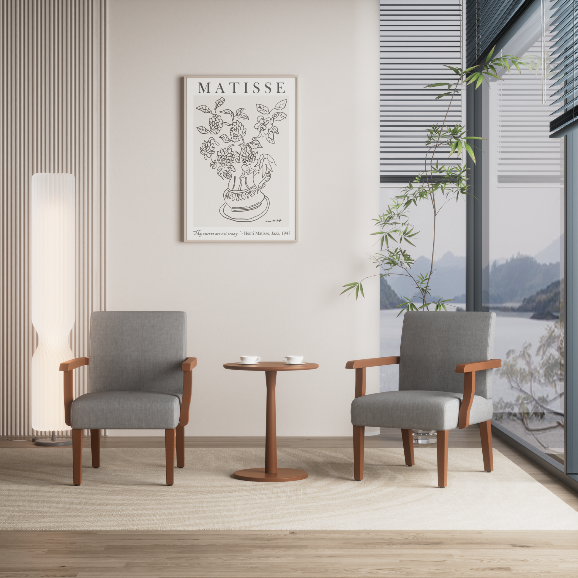 Modern grey armchair with wooden arms perfect for a minimalist living room