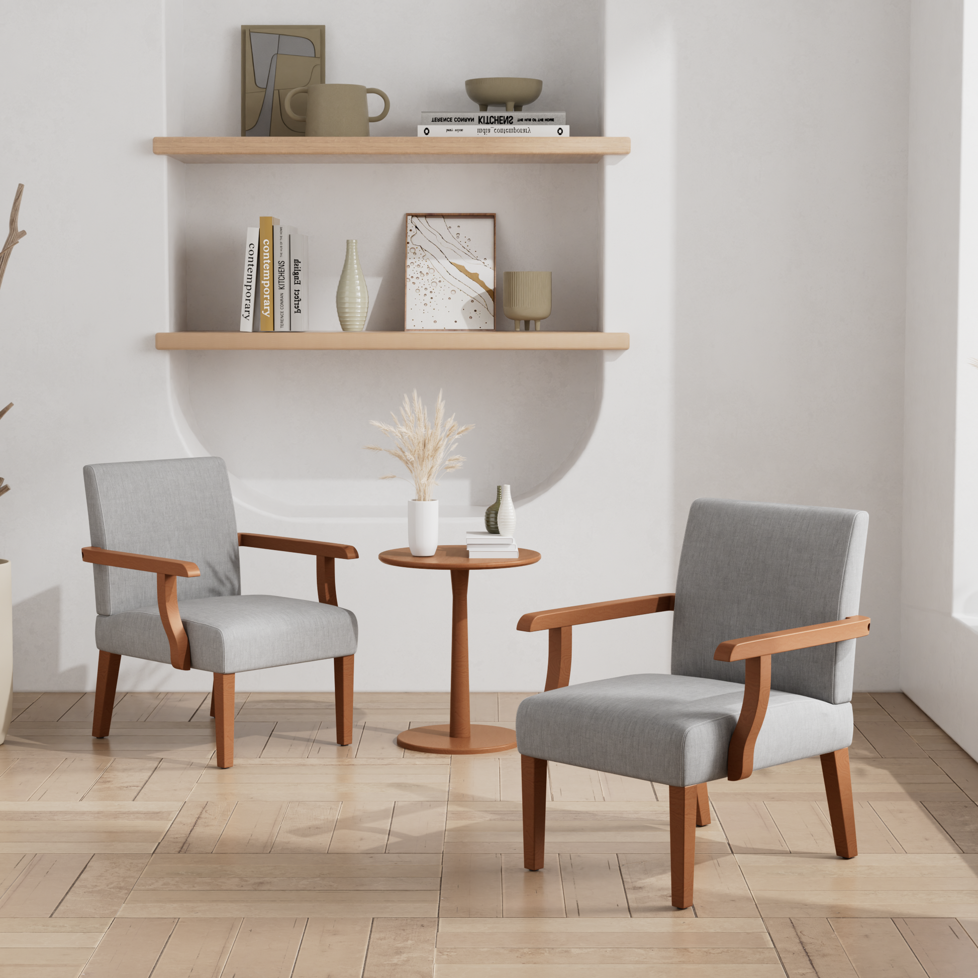 Grey fabric armchair with natural wood arms and legs perfect for living rooms