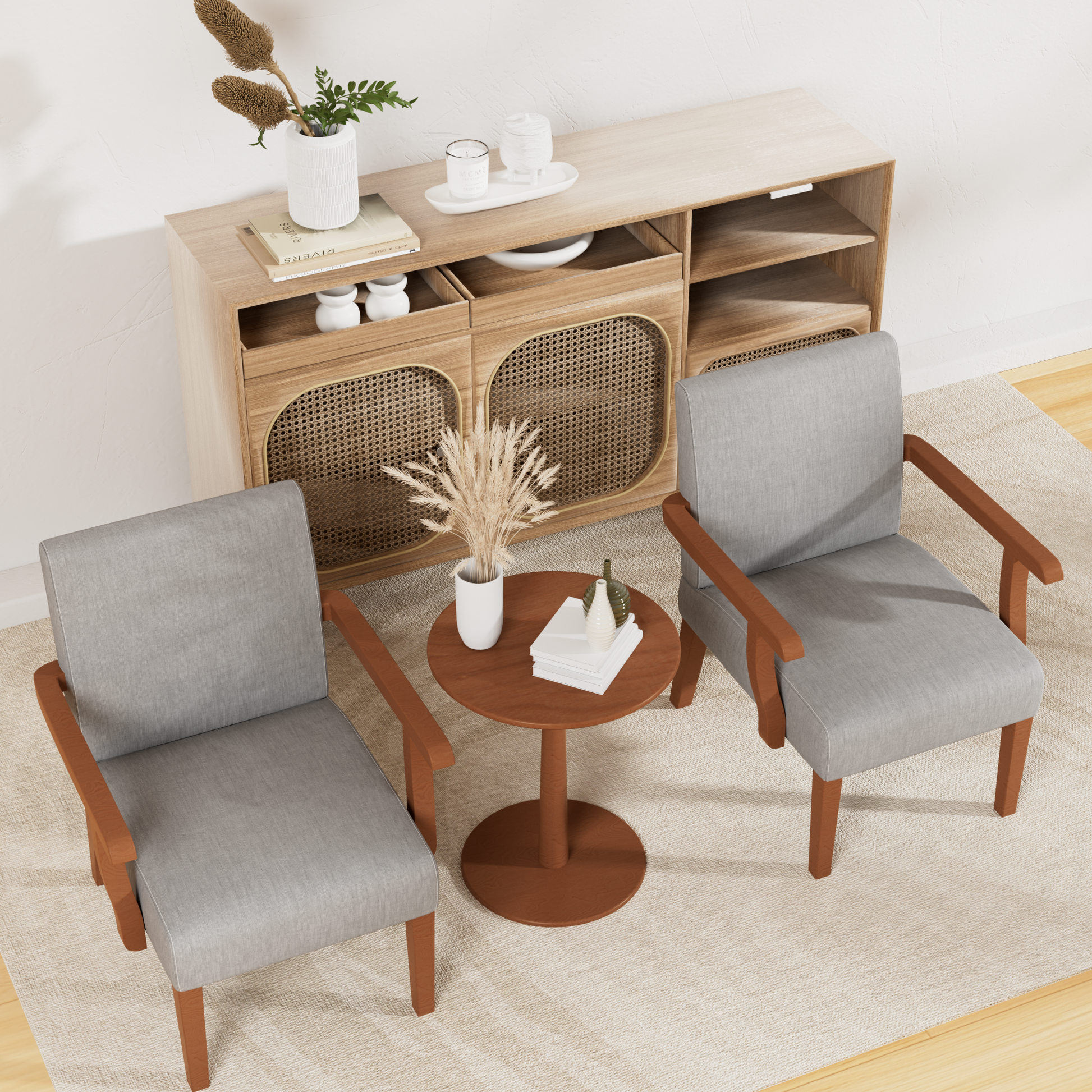 Two grey upholstered armchairs with wooden frames ideal for a modern living room setup