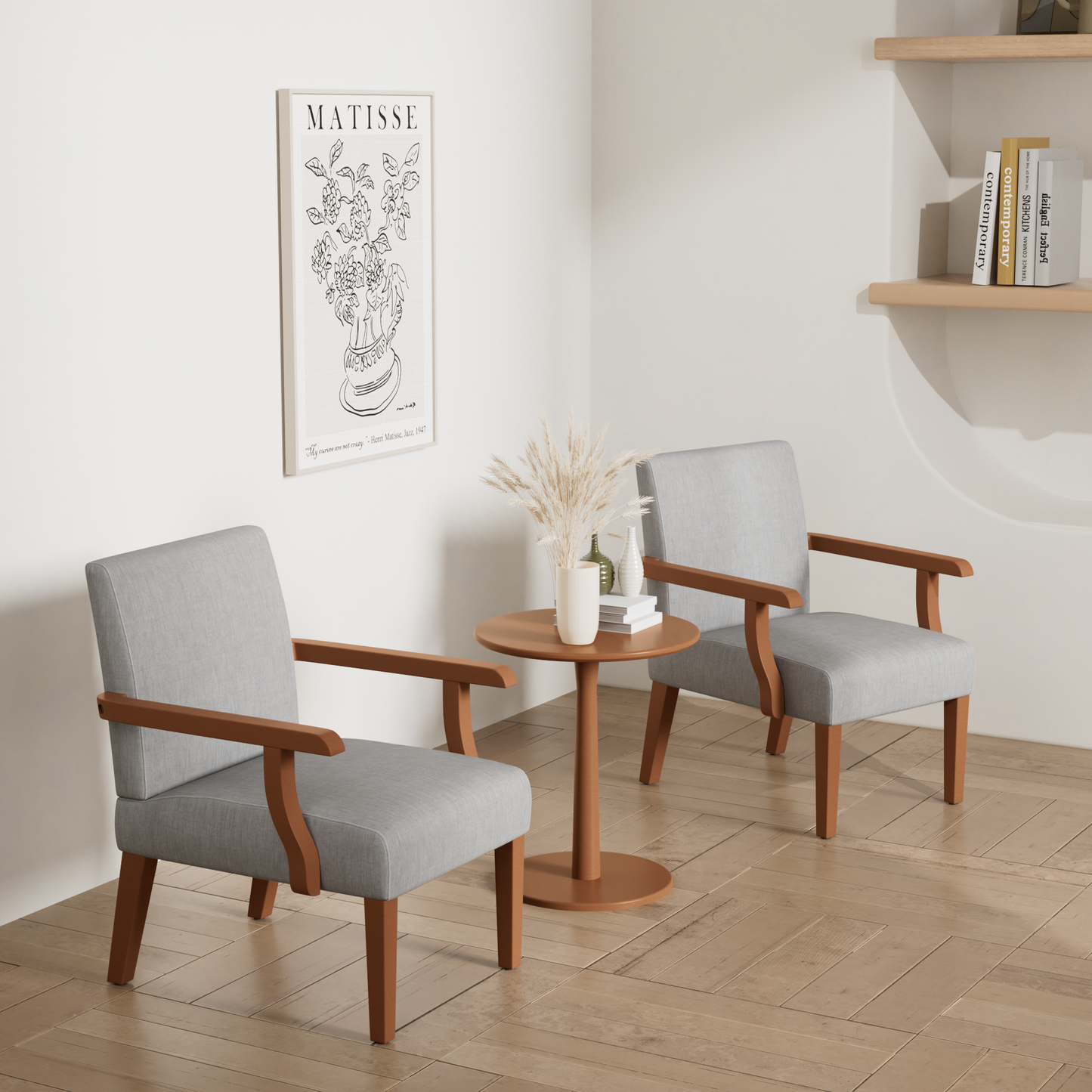 Light grey armchair with wood frame and arms perfect for modern living rooms