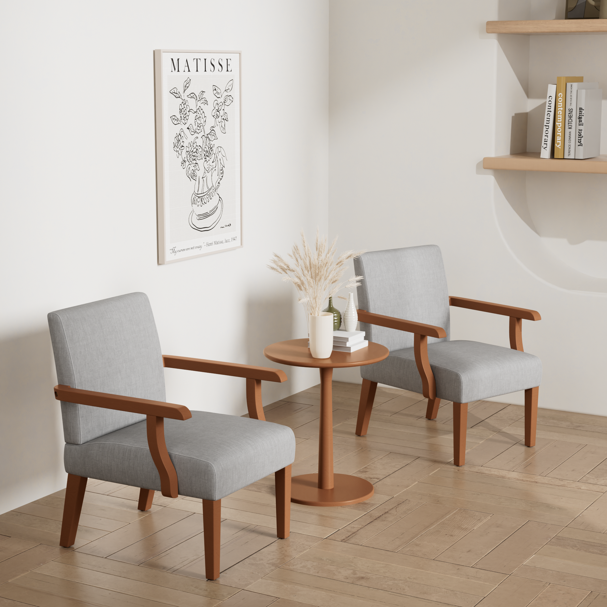 Light grey armchair with wood frame and arms perfect for modern living rooms