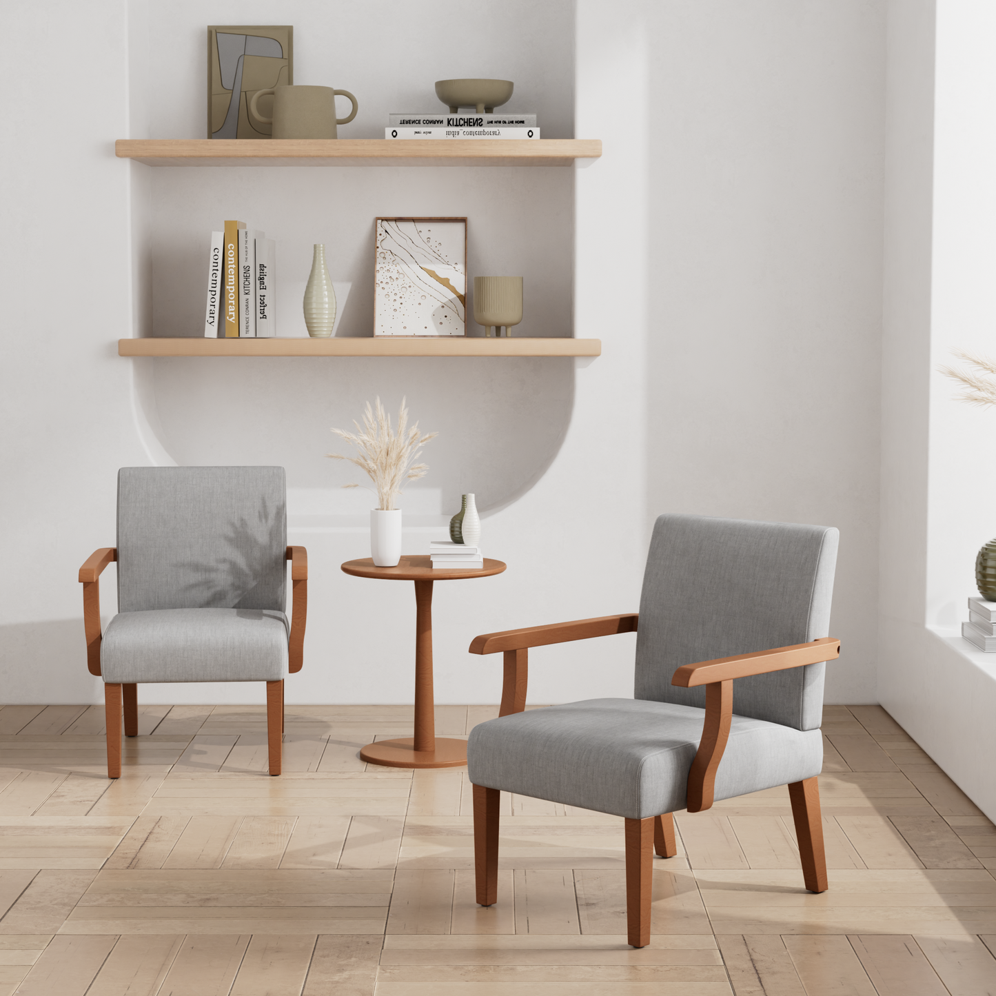 Light grey upholstered armchair with natural wood arms a modern accent chair