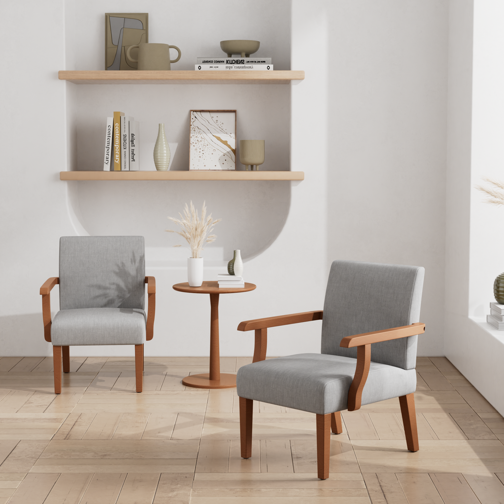 Light grey upholstered armchair with natural wood arms a modern accent chair