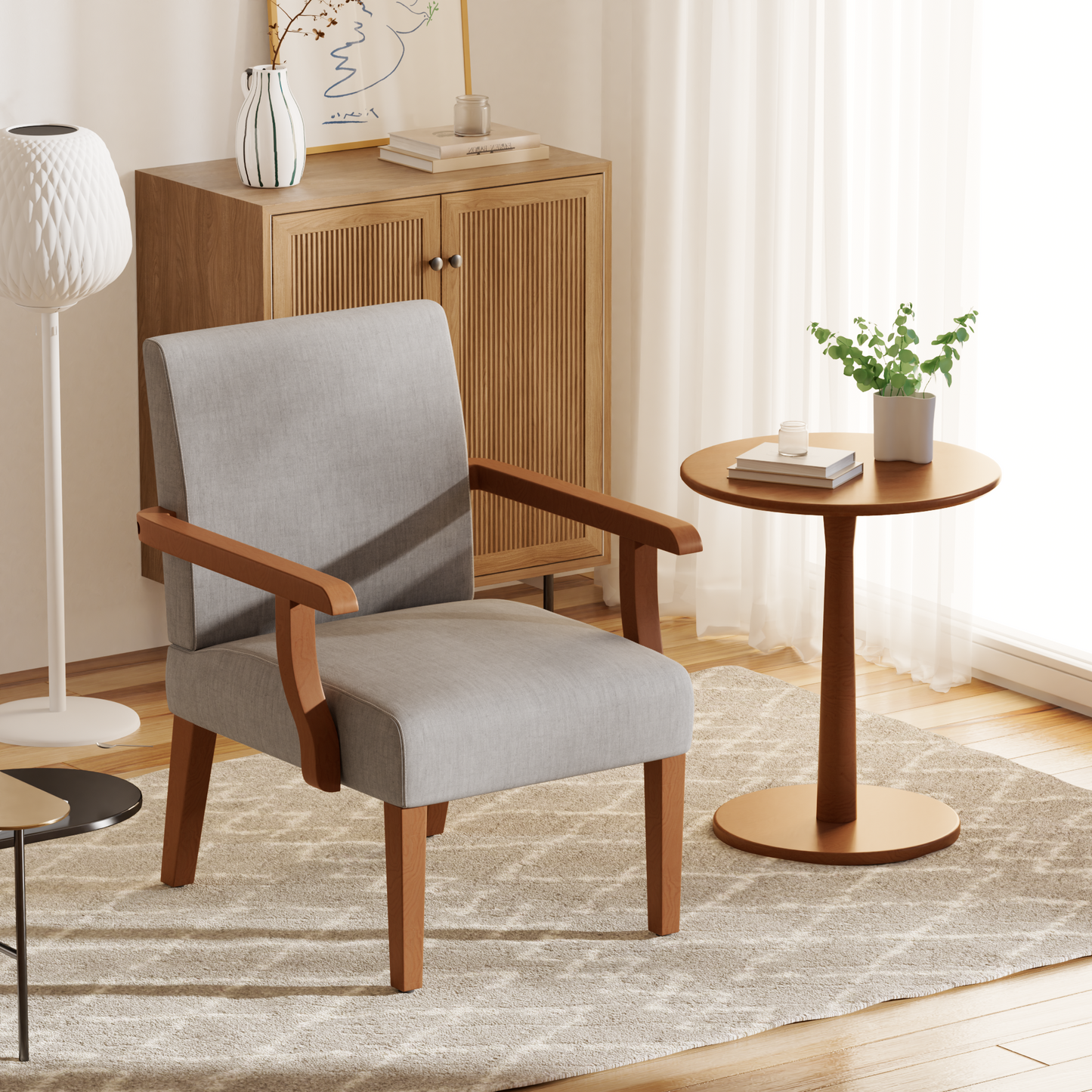 Light gray upholstered armchair with warm wood frame and arms