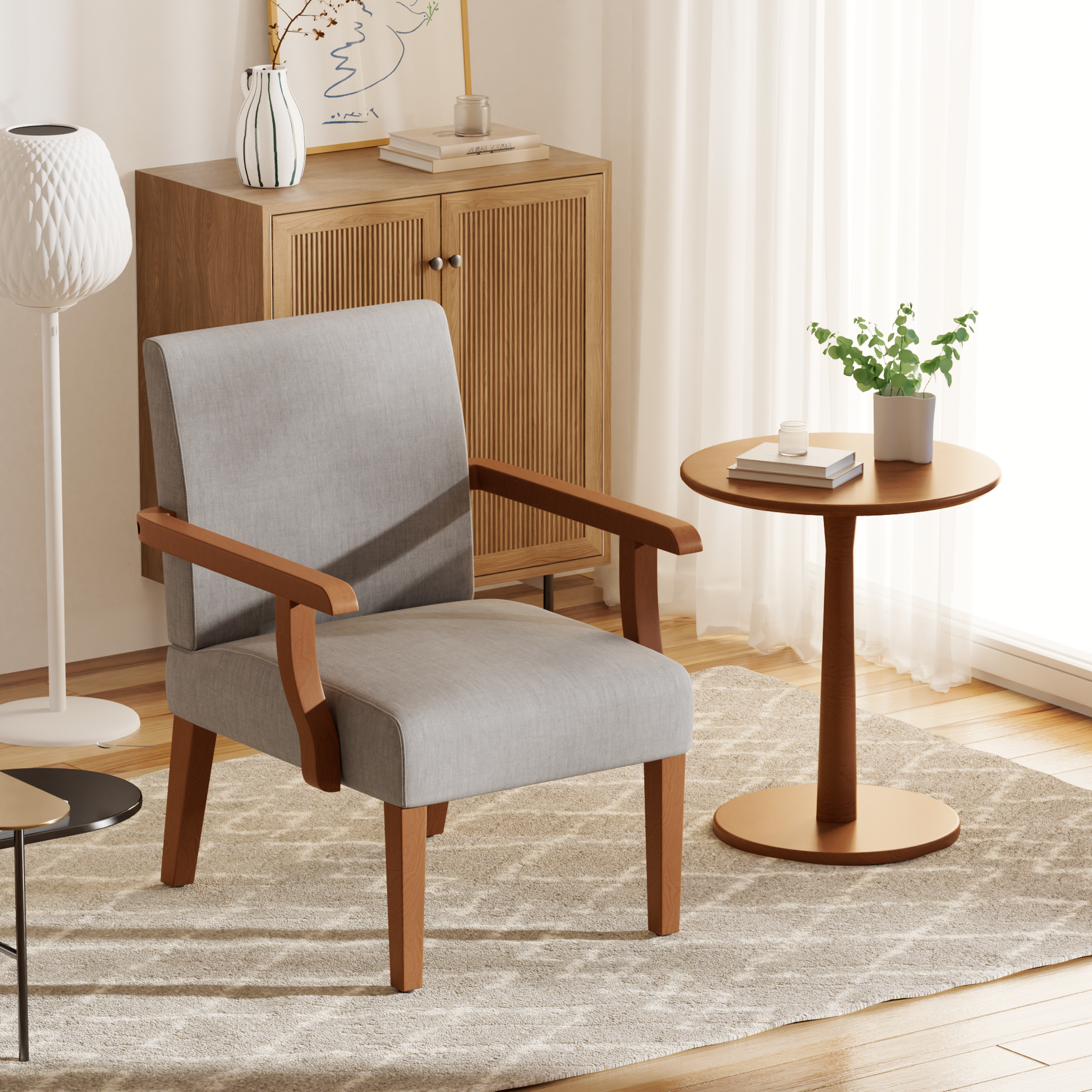 Light gray upholstered armchair with warm wood frame and arms