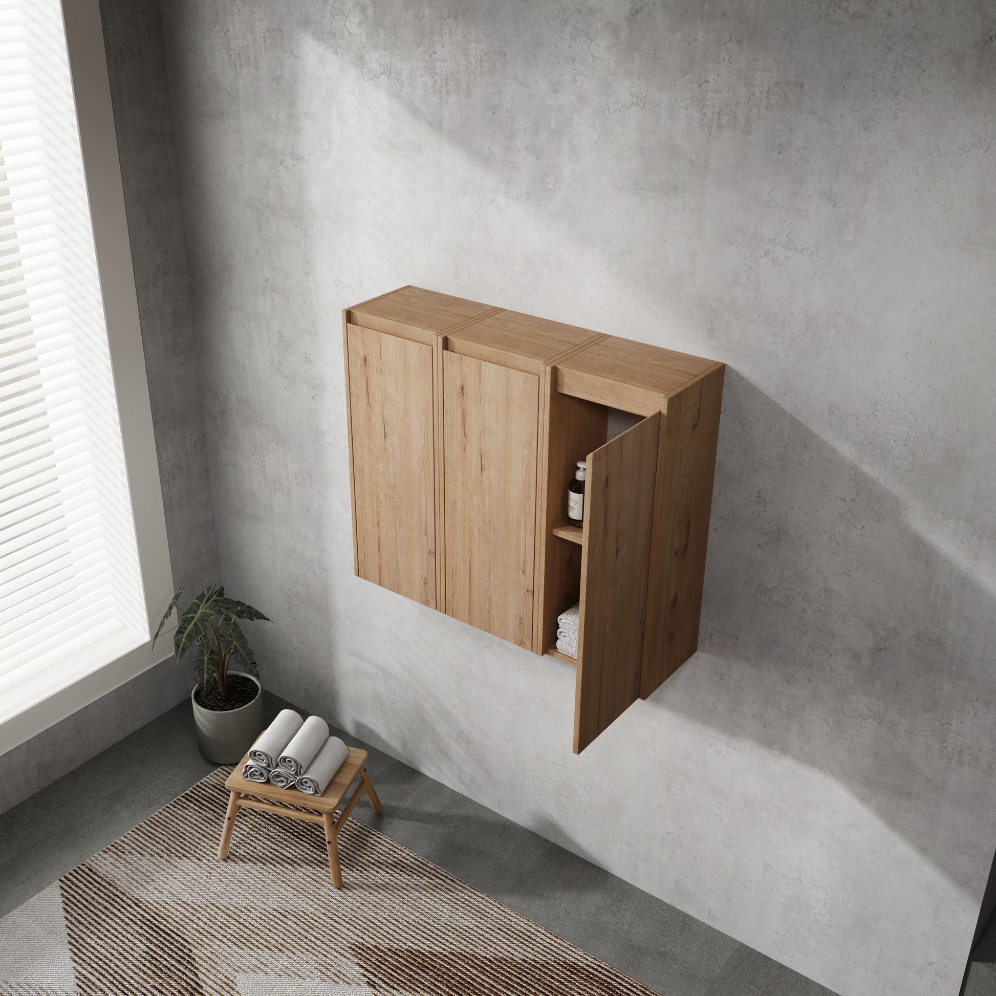 Modern oak veneer wall cabinet with open shelving displaying toiletries and folded towels