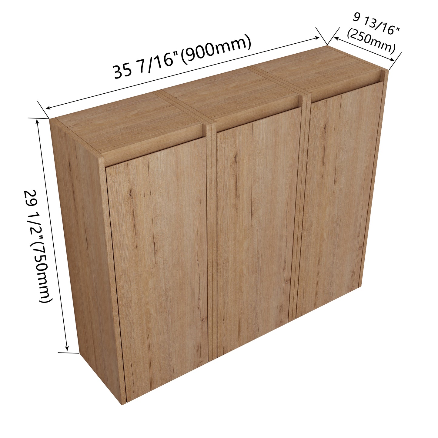 Light brown wood grain cabinet with three doors and measurement labels