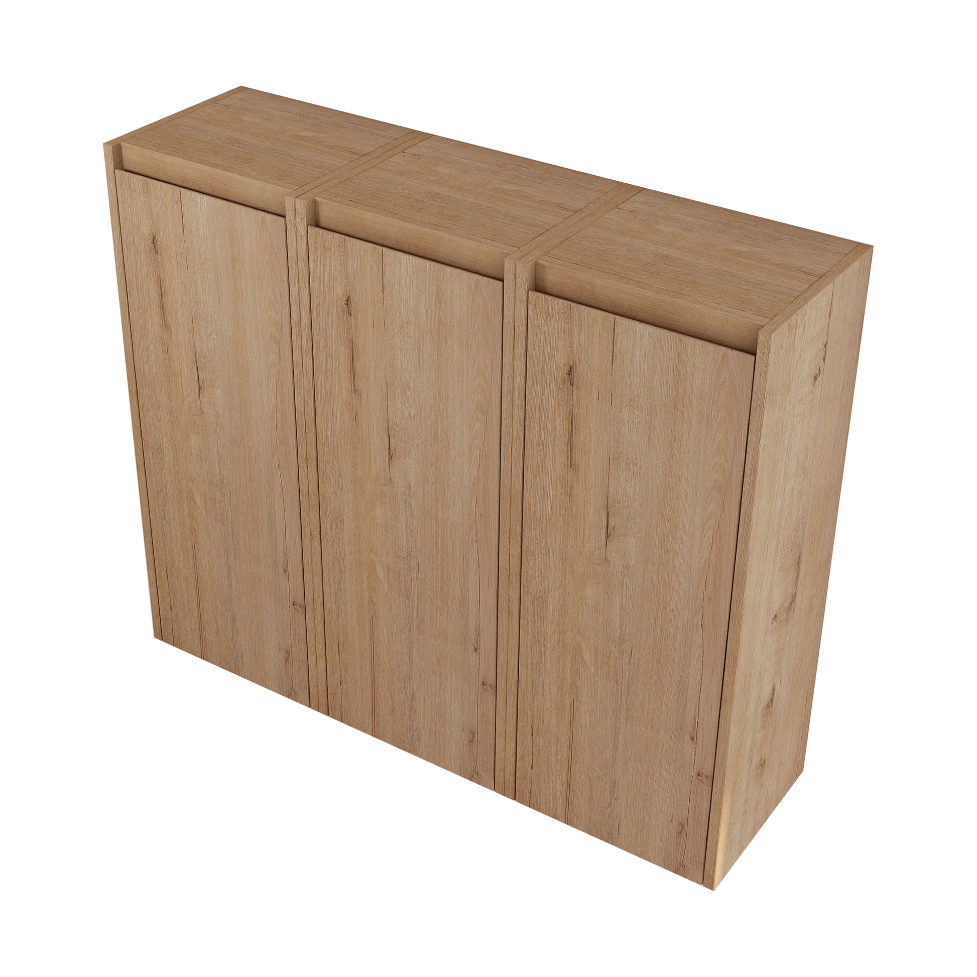 Threedoor oak veneer storage cabinet with natural wood grain details