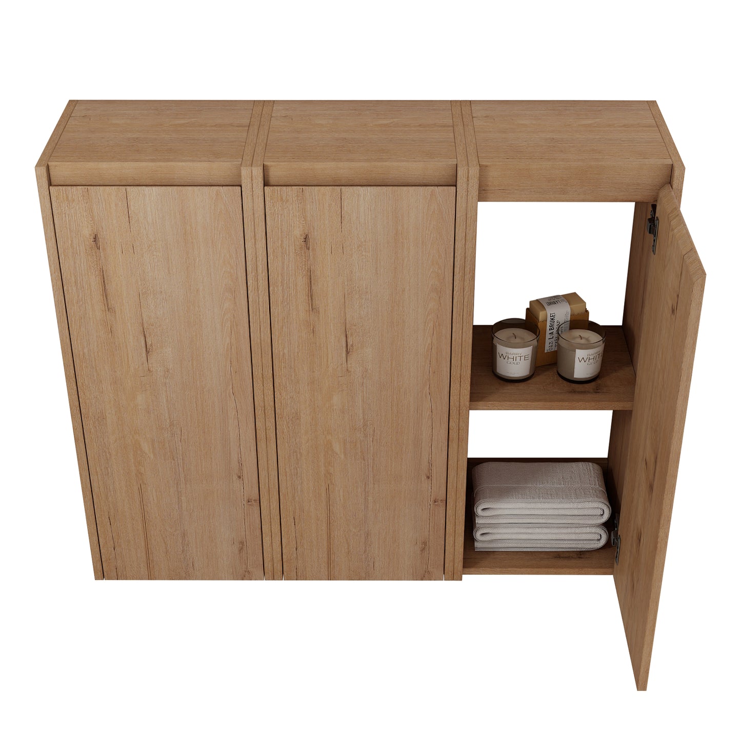 Wooden bathroom cabinet with two doors and open compartment revealing candles and towels