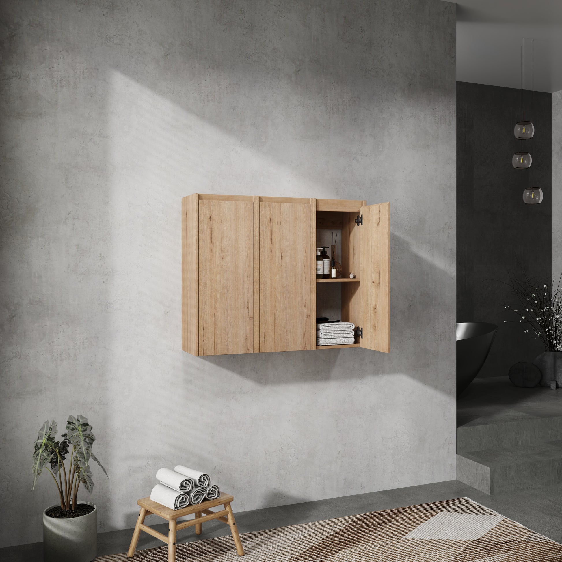 Light oak bathroom wall cabinet with two doors ideal for modern storage