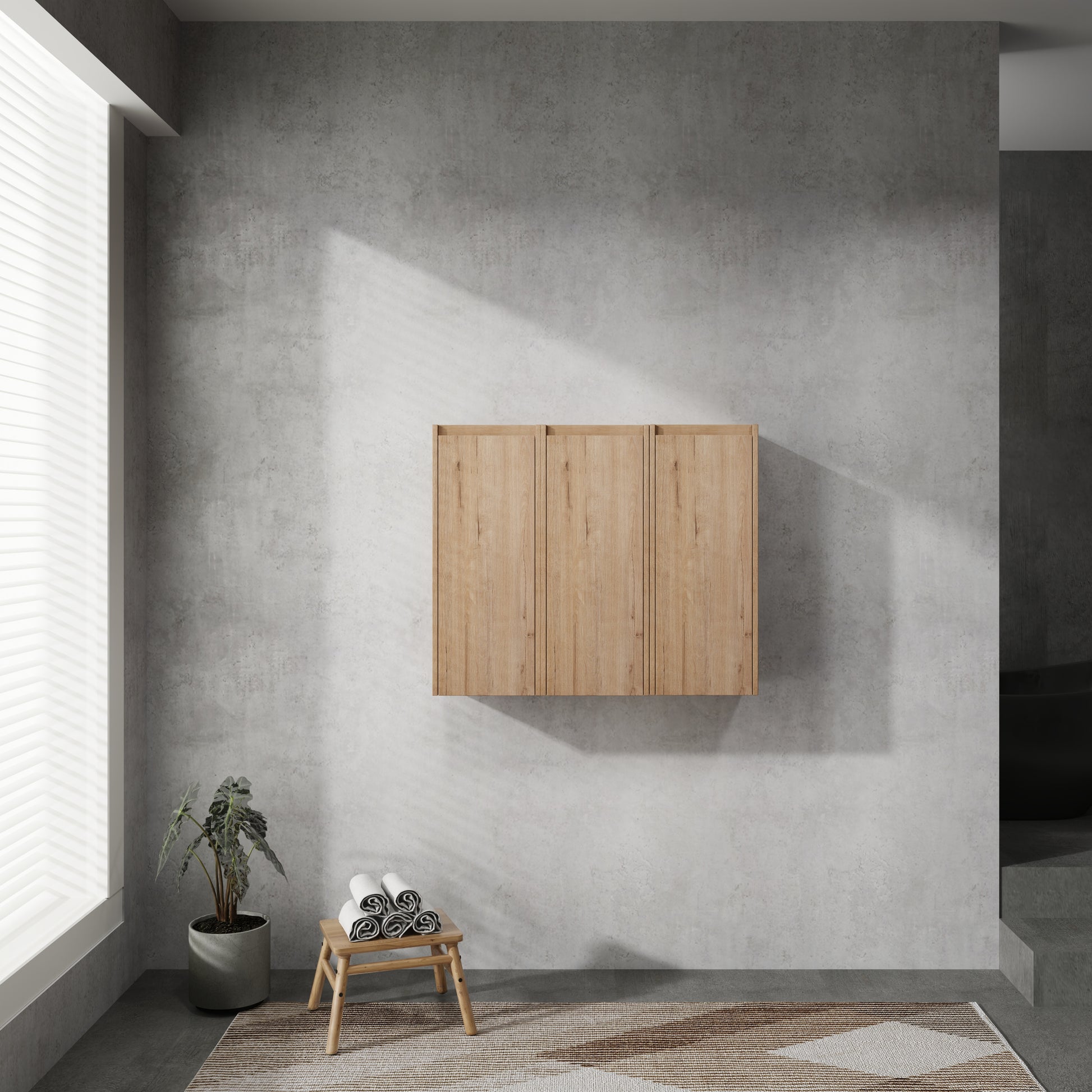 Modern oak veneer bathroom cabinet with three doors minimalist design ideal for contemporary spaces