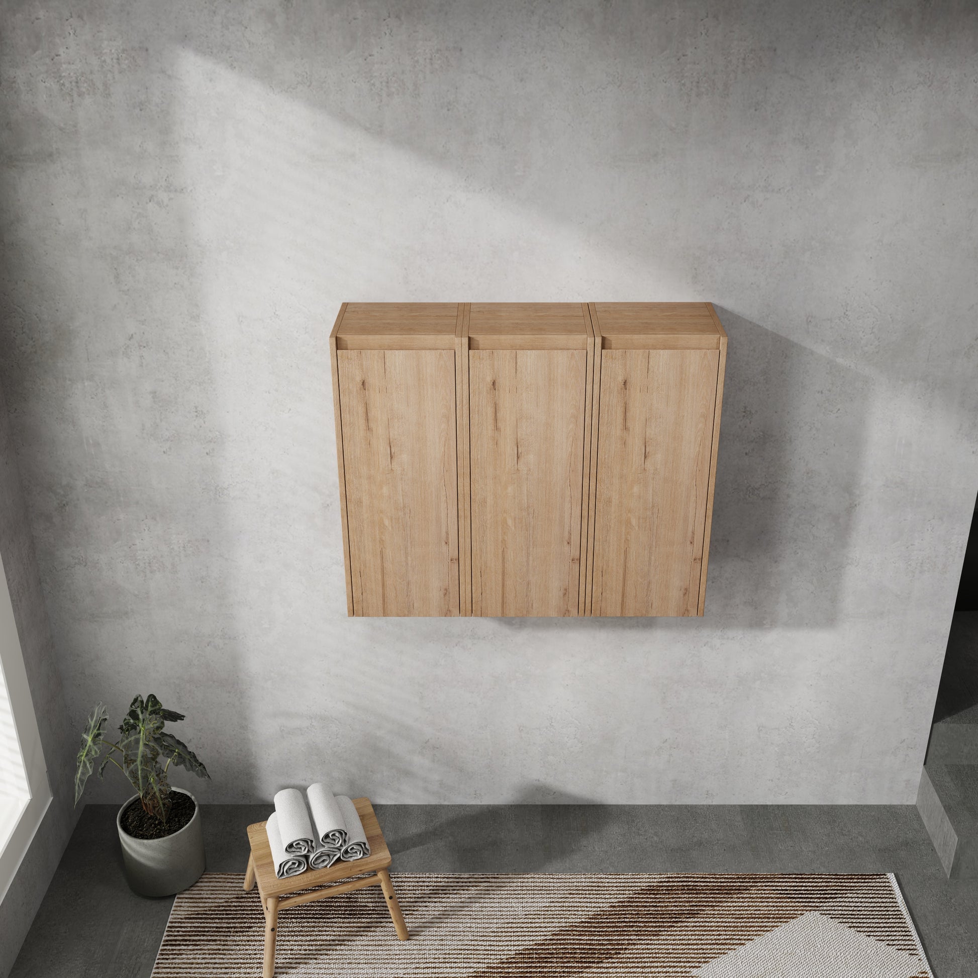 Three light oak wood wall cabinets with minimalist design ideal for modern bathrooms