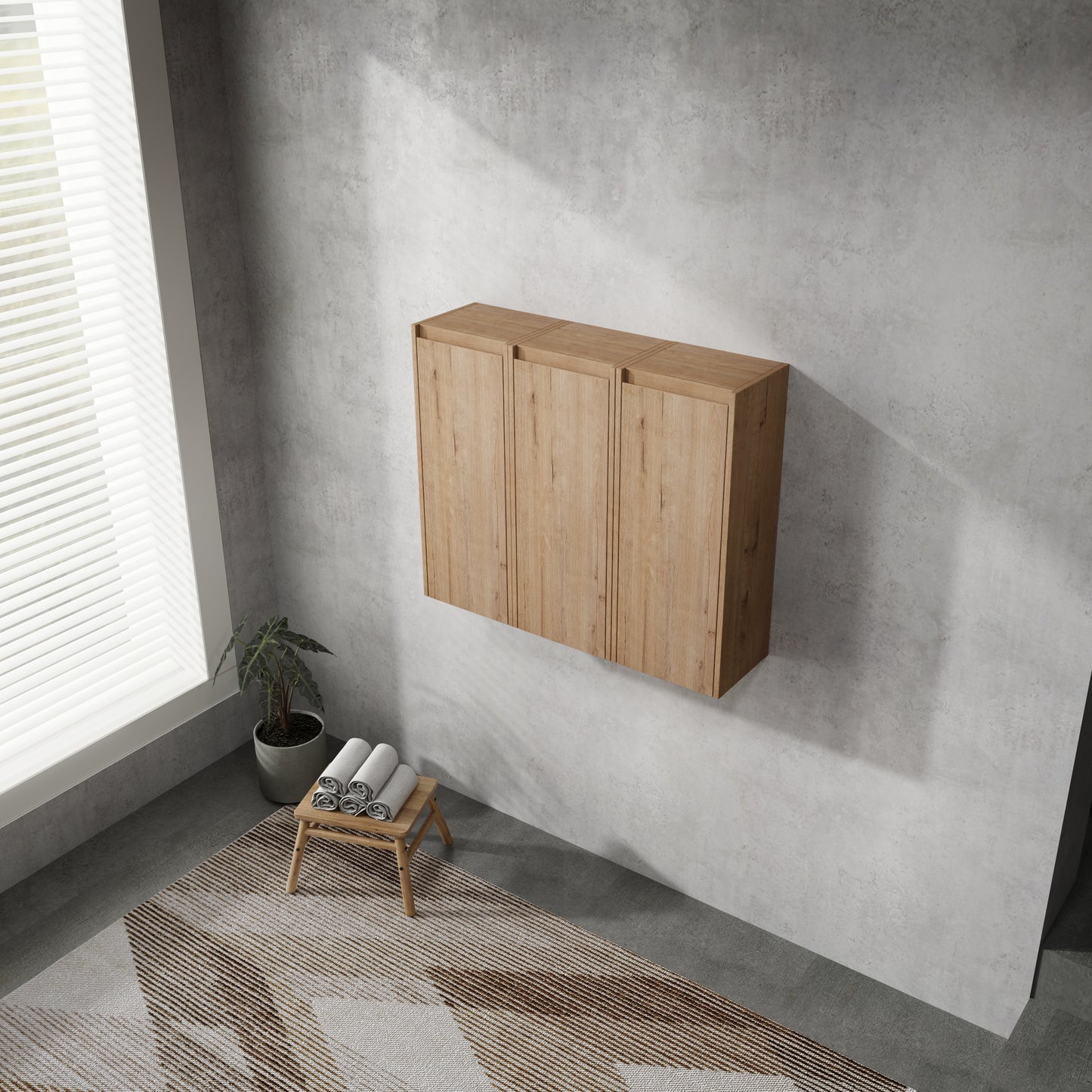 Minimalist oak wall cabinet with three doors modern bathroom storage