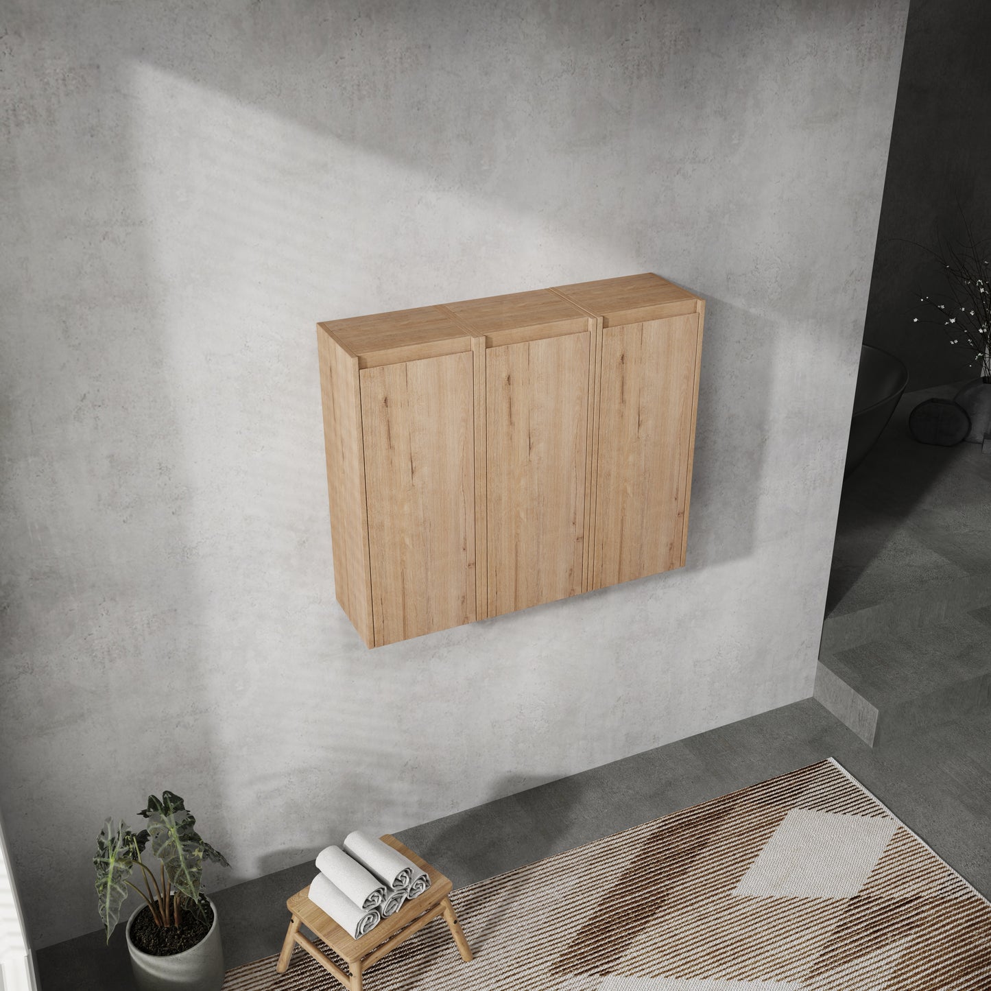 Light oak wood wallmounted cabinet with three doors ideal for modern bathrooms
