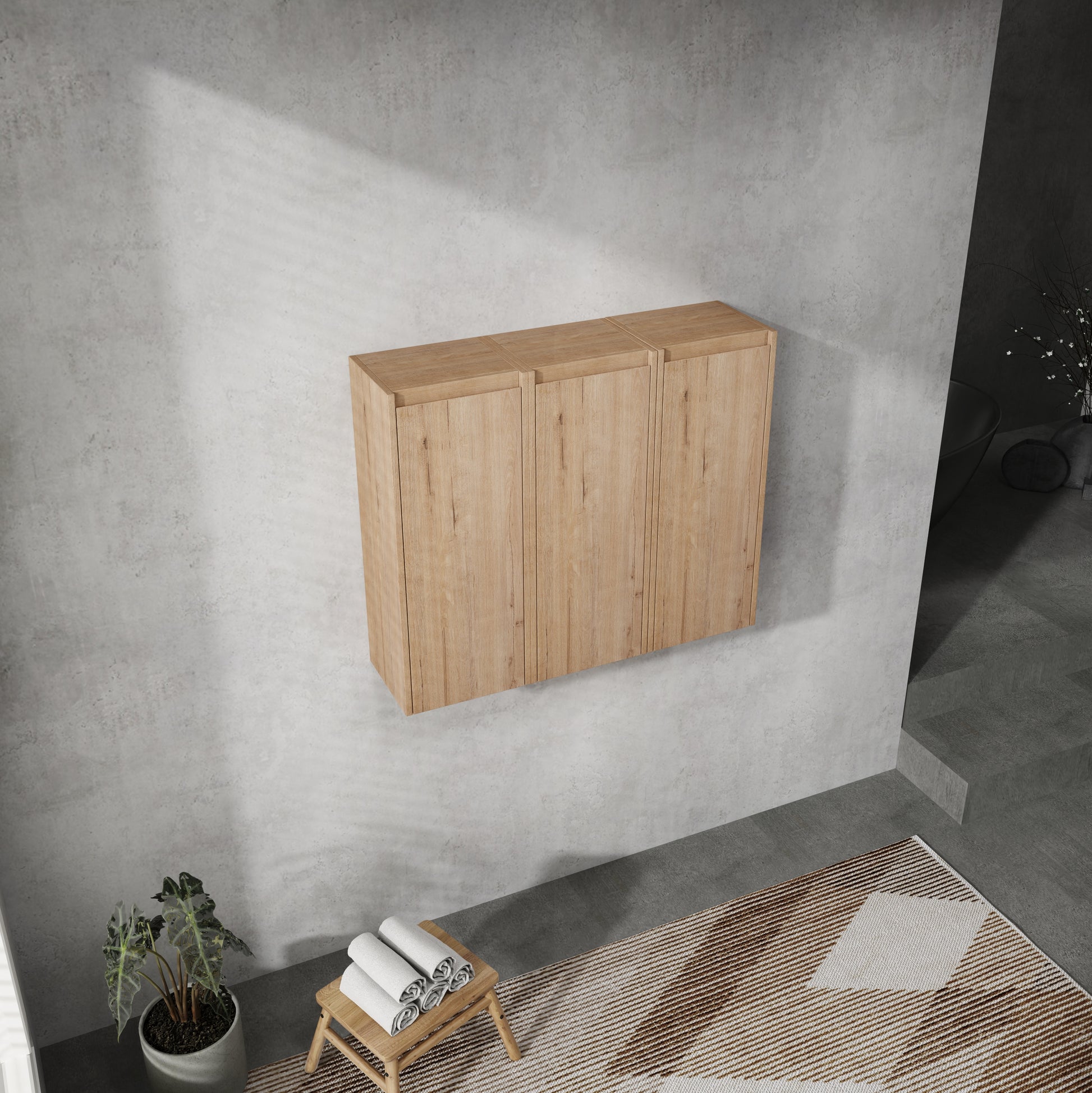 Light oak wood wallmounted cabinet with three doors ideal for modern bathrooms