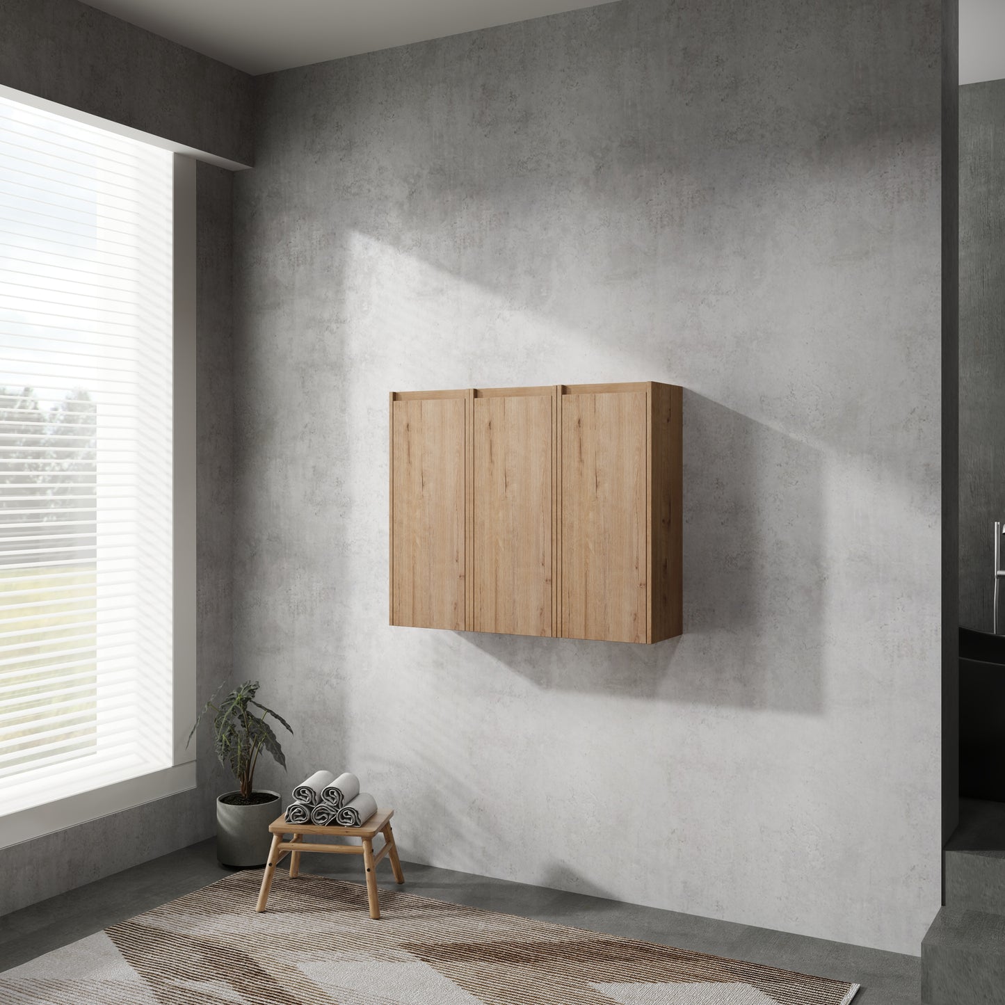 Modern oak veneer wall cabinet with three doors and ribbed detail