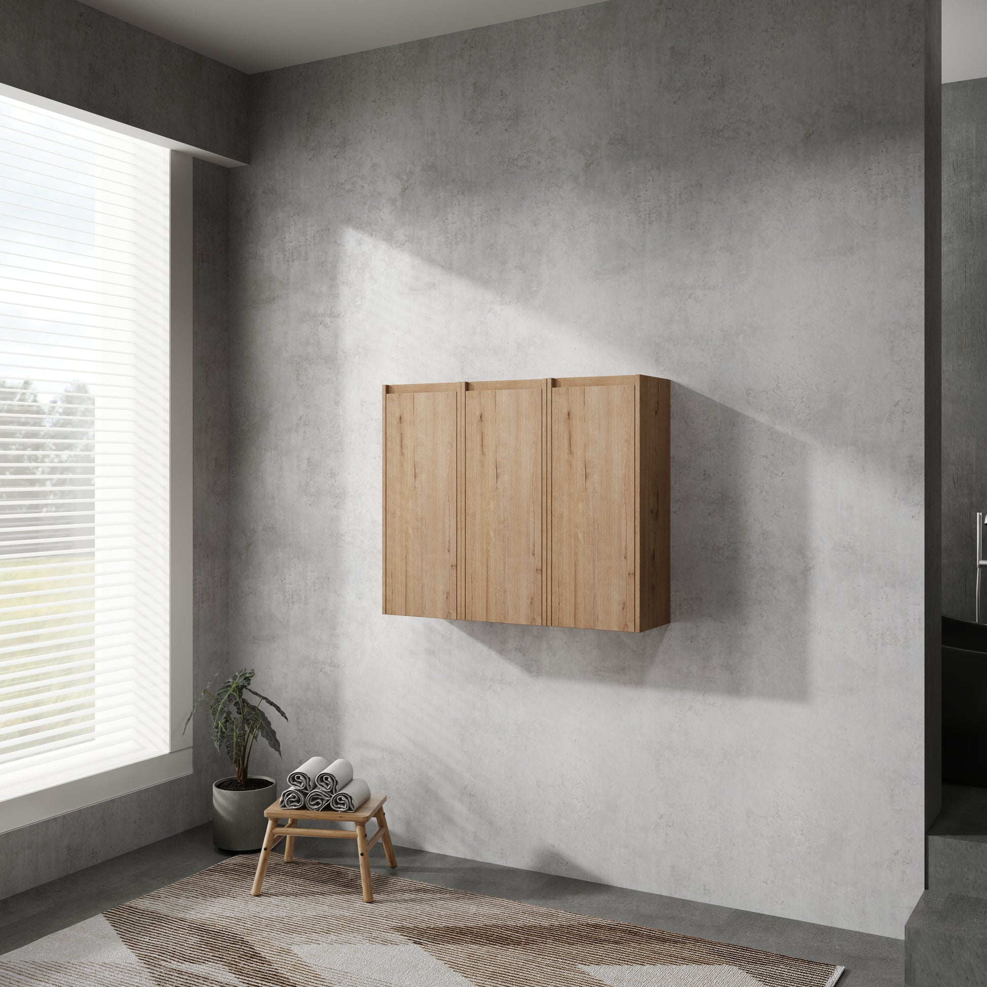 Modern oak veneer wall cabinet with three doors and ribbed detail