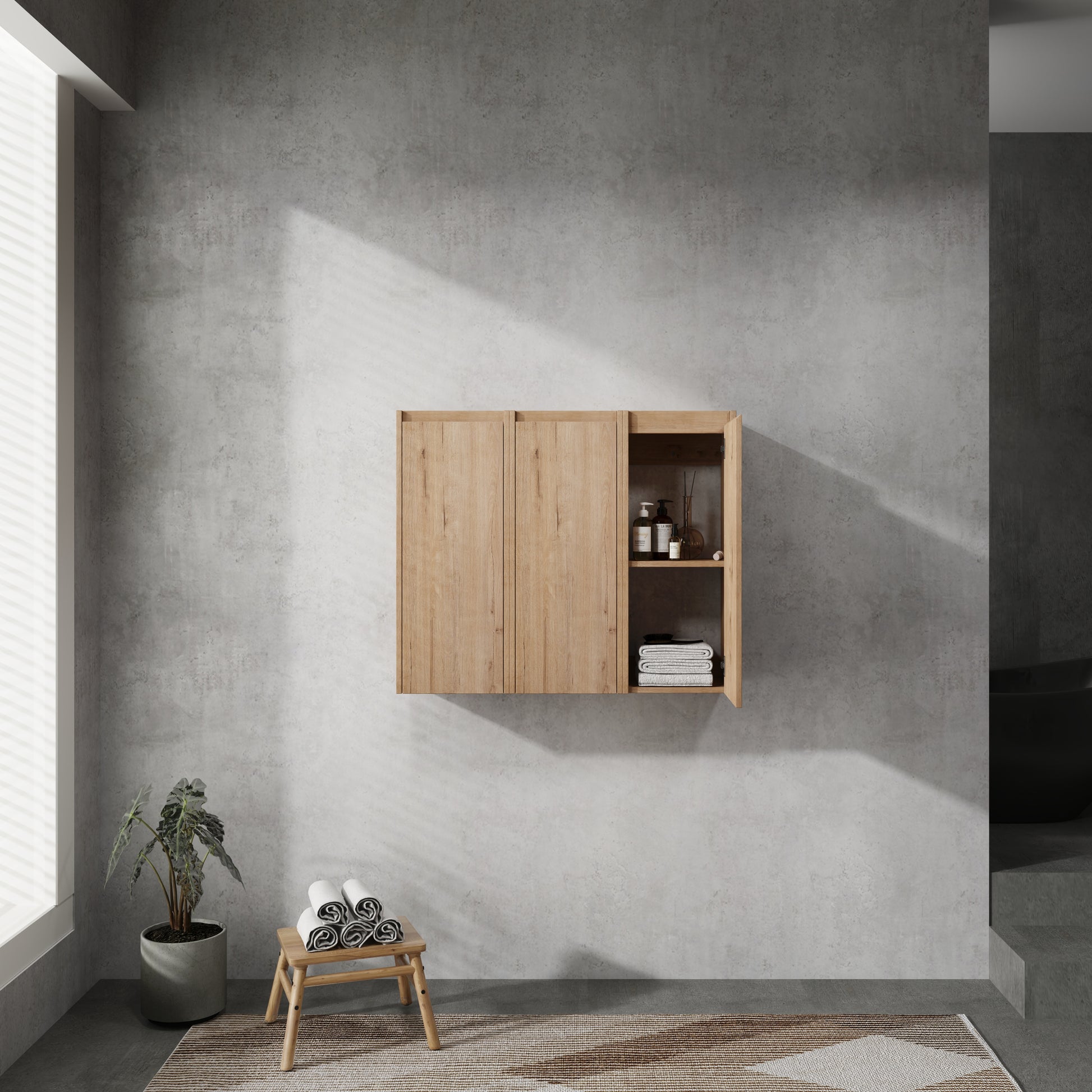 Natural oak bathroom vanity with double doors and open shelving