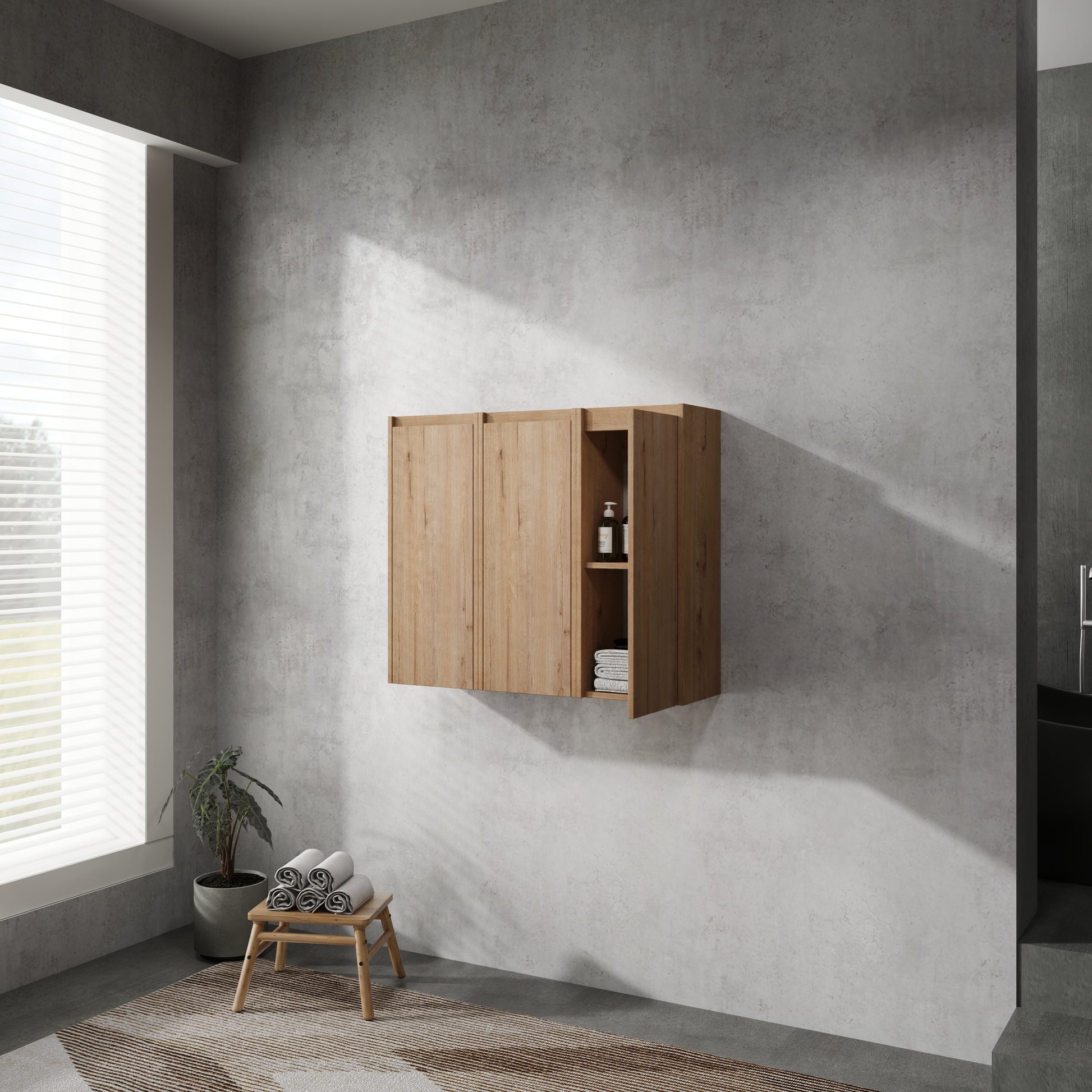 Light oak bathroom wall cabinet with open shelving holding toiletries and towels
