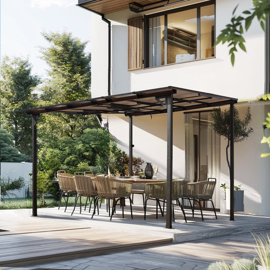 Modern brown aluminum patio pergola with a retractable canopy over a dining set