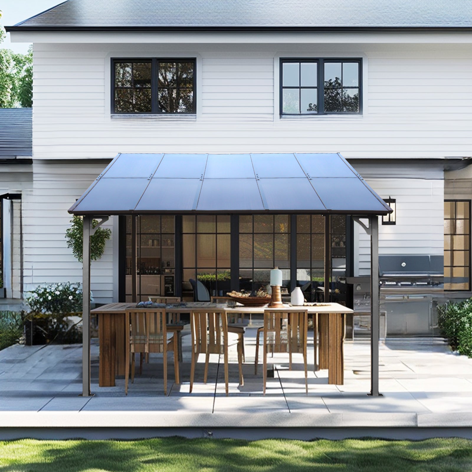 Modern patio pergola with clear roof extending outdoor living space