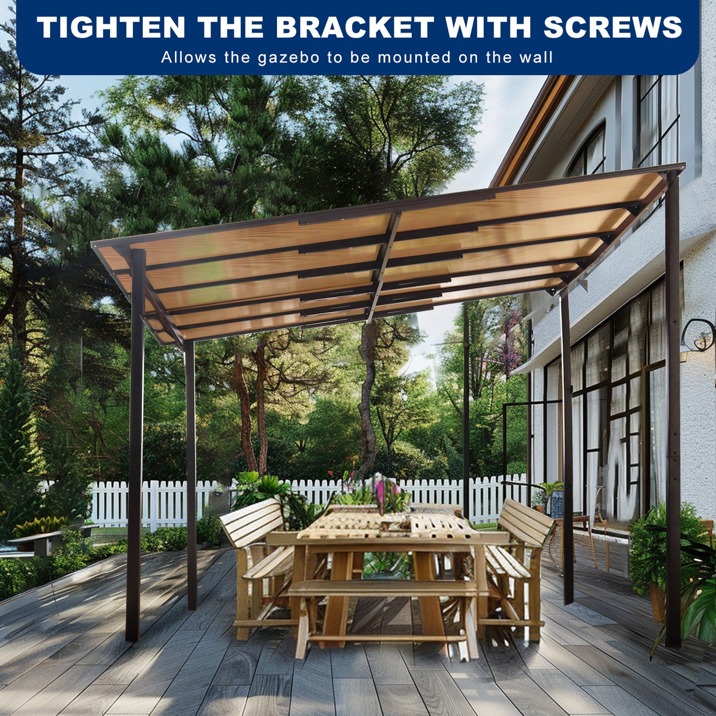 Bronze metal gazebo frame with a translucent amber polycarbonate roof panels over a wooden picnic table