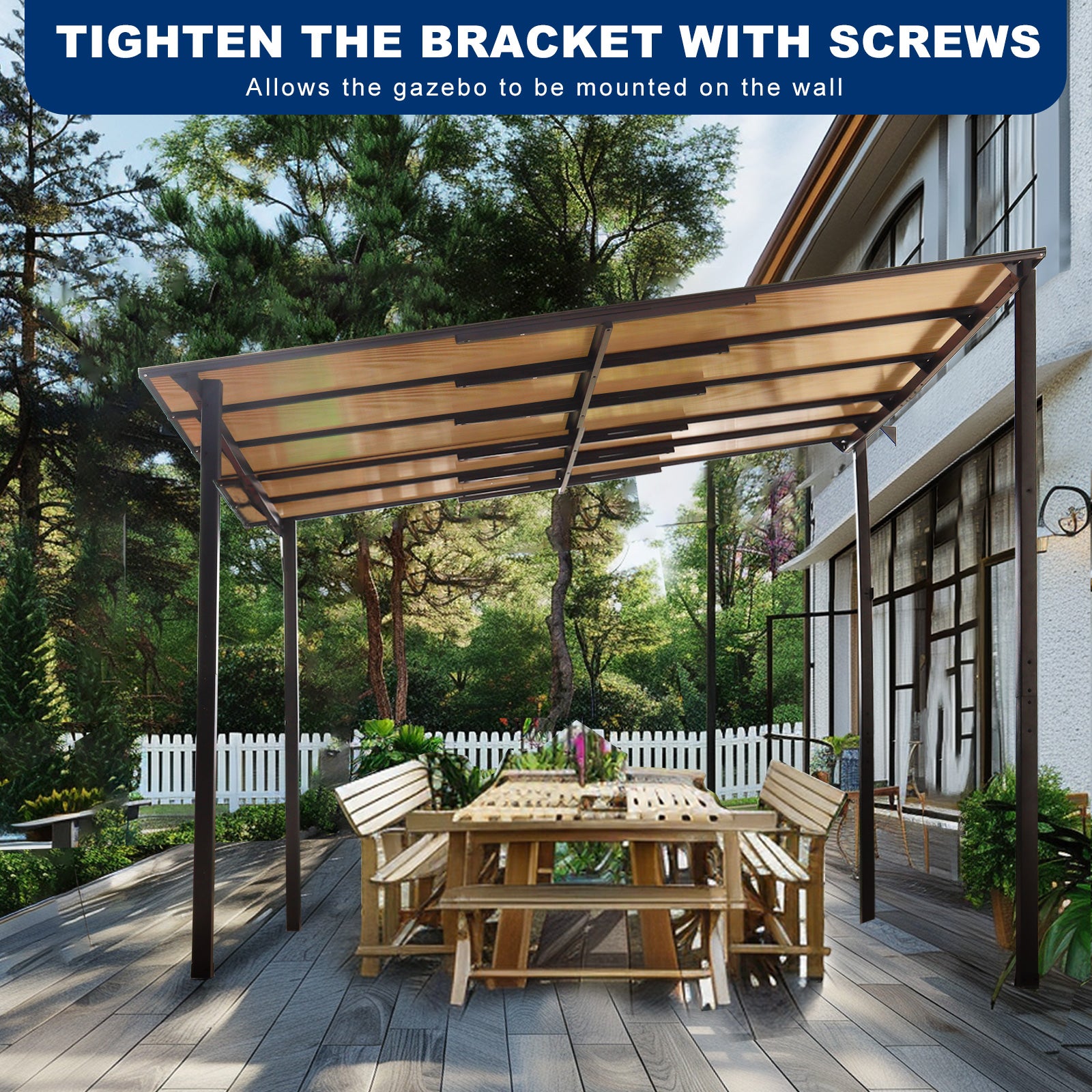 Bronze metal gazebo frame with a translucent amber polycarbonate roof panels over a wooden picnic table