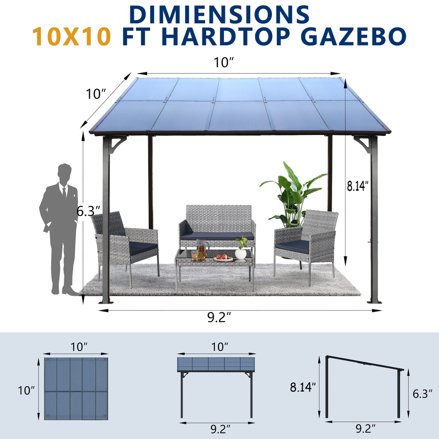 x ft hardtop gazebo with dark gray metal frame and clear panels shown with outdoor furniture