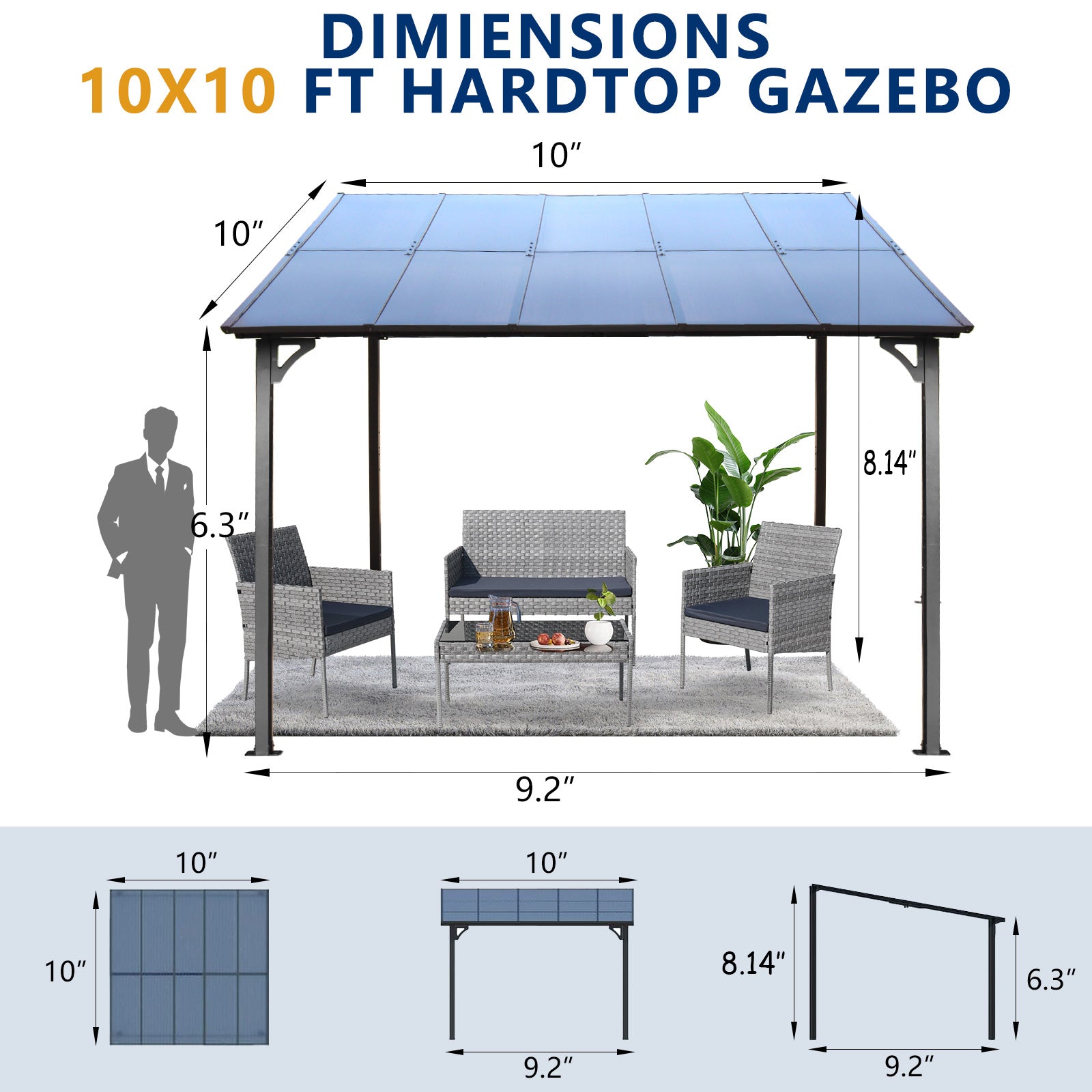 x ft hardtop gazebo with dark gray metal frame and clear panels shown with outdoor furniture