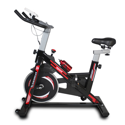 Black and red sport spinning bike with adjustable seat and handlebars