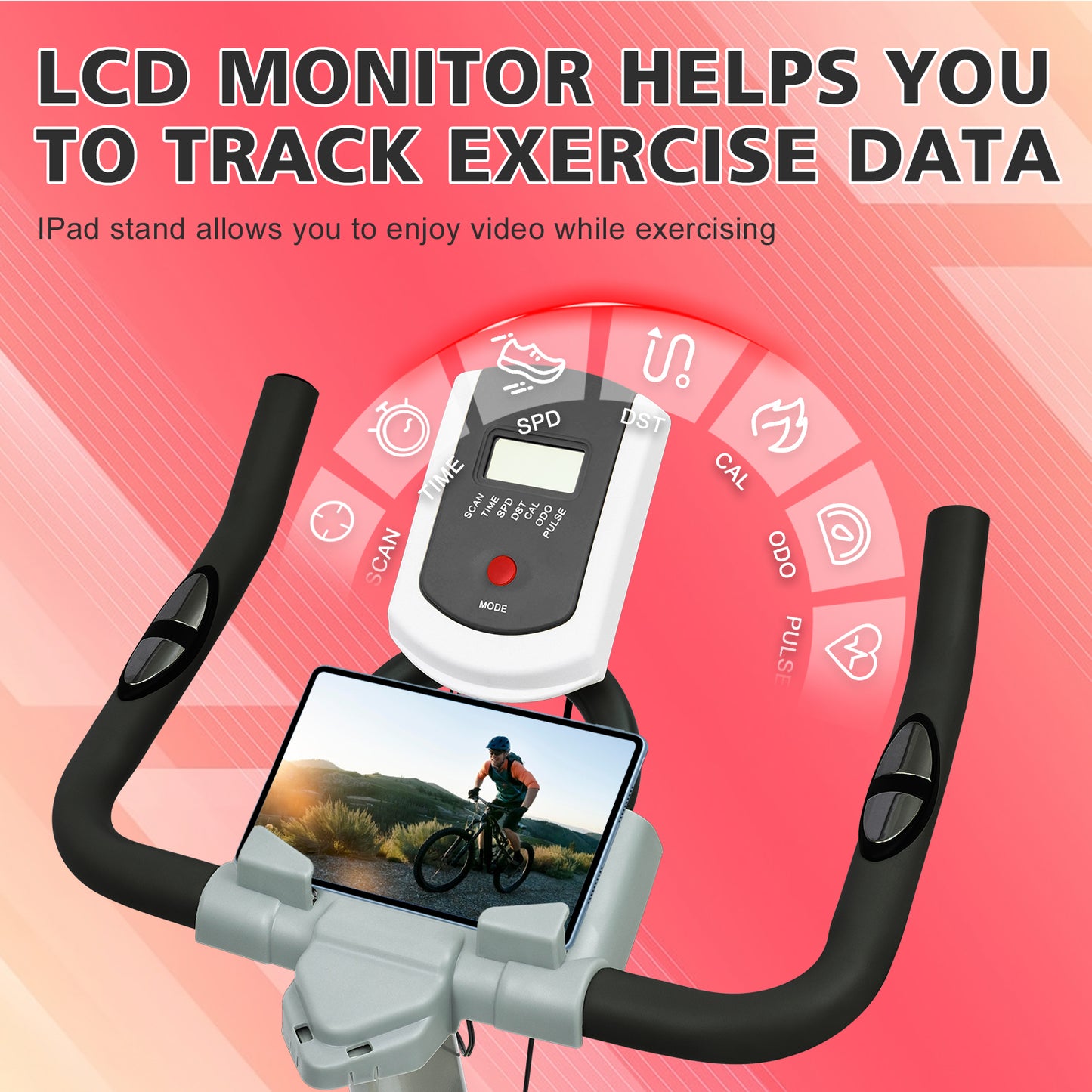 Stationary bike console with LCD screen tracking speed time and calories