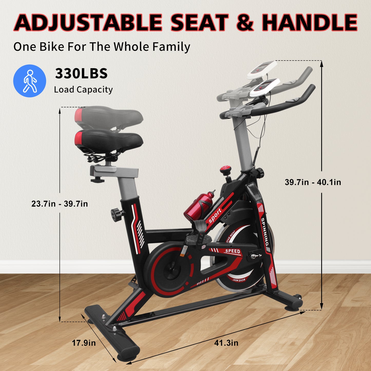 Black and red indoor cycling bike with adjustable seat and handlebars for home workouts