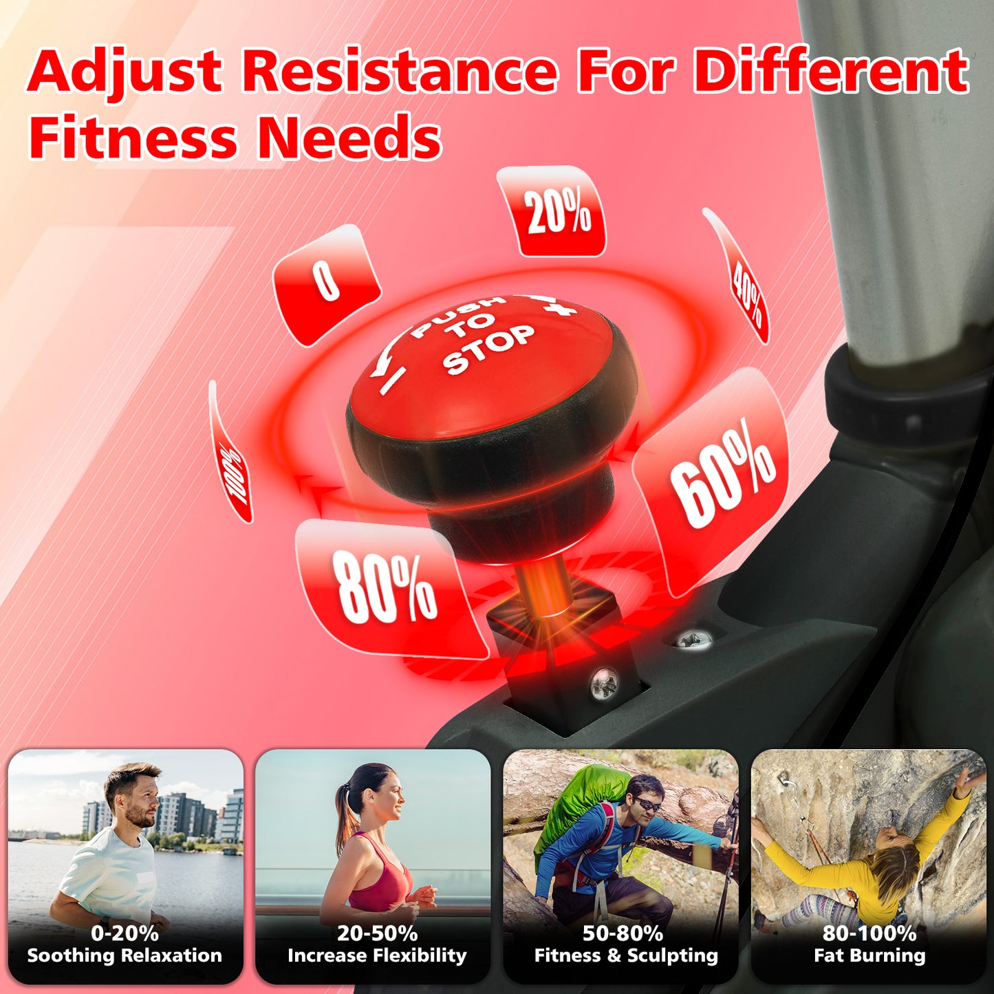 Red resistance knob on exercise equipment with adjustable levels  for varied fitness needs