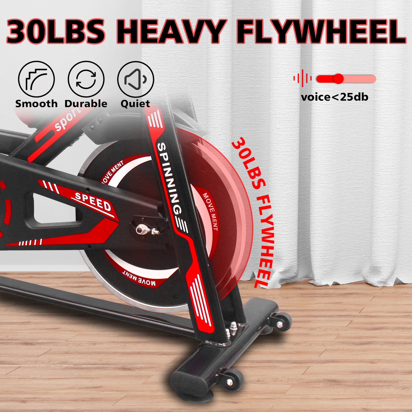 Black and red stationary bike with a lbs heavy flywheel