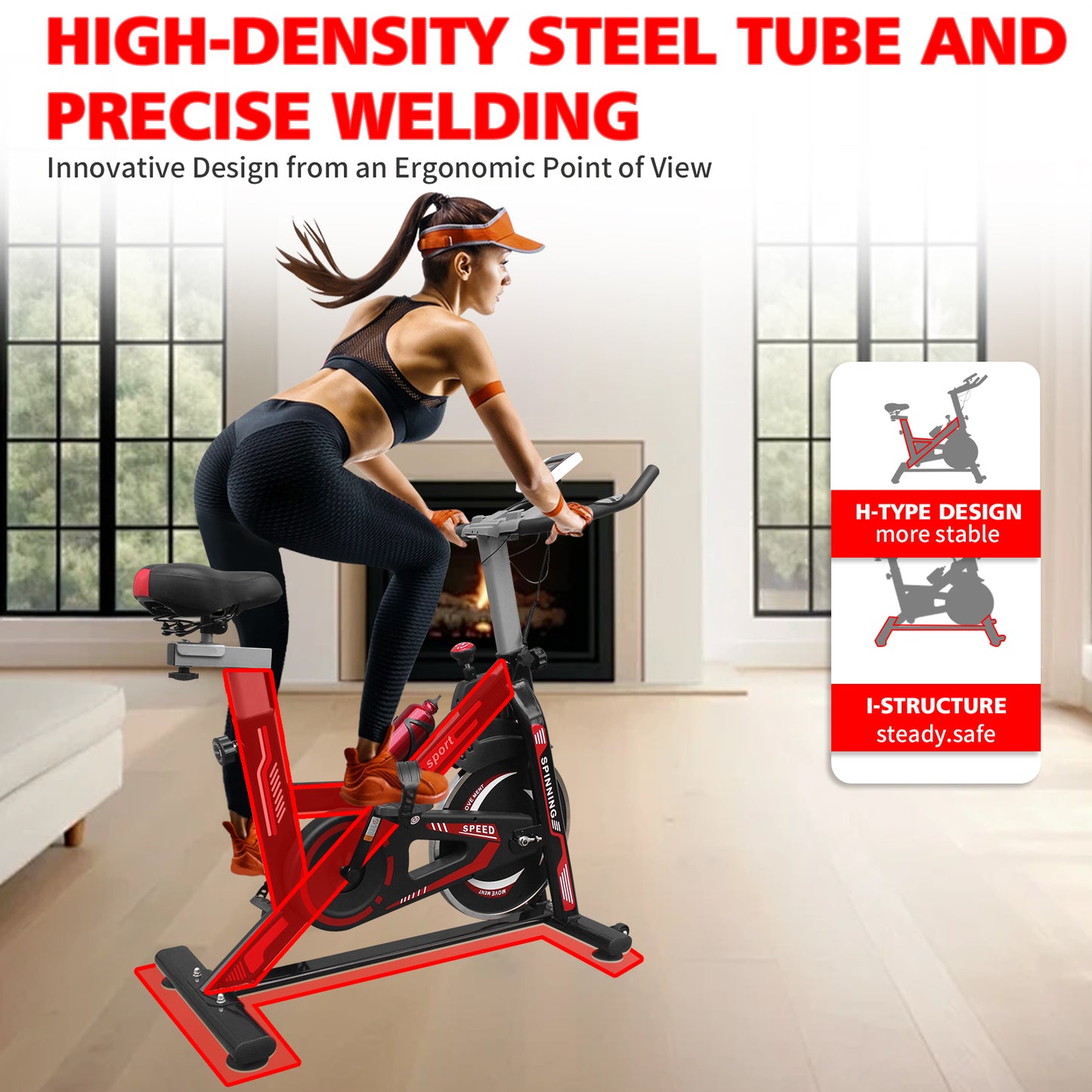 Red spinning bike with Htype design for a stable home workout