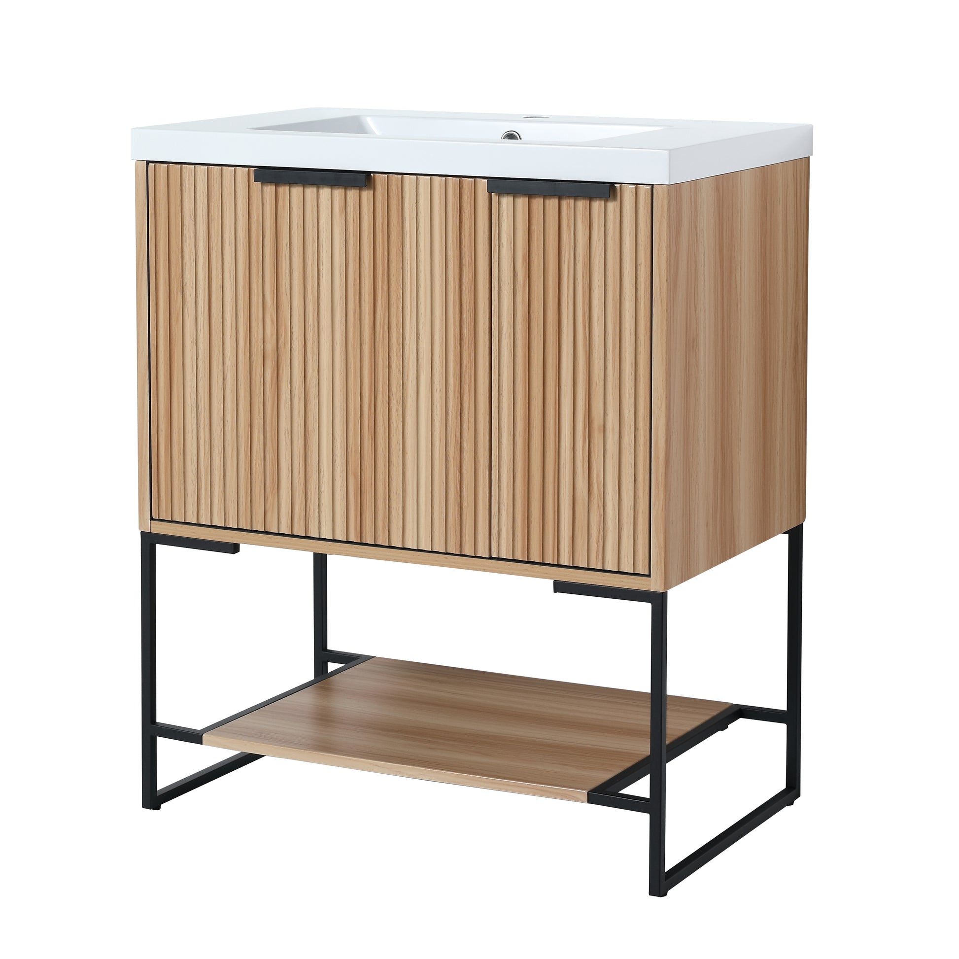 Light oak vanity with fluted drawers and black metal legs