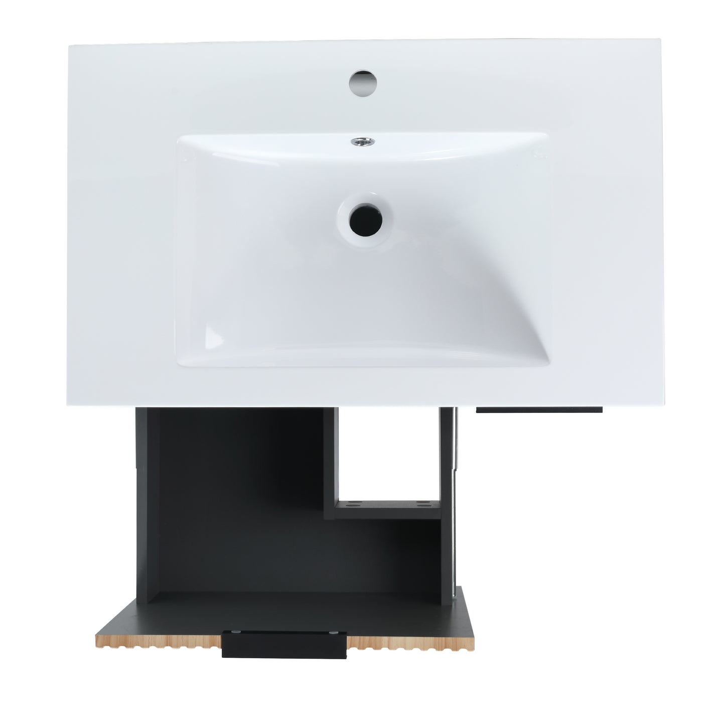 White ceramic bathroom vanity sink with overflow and drain opening