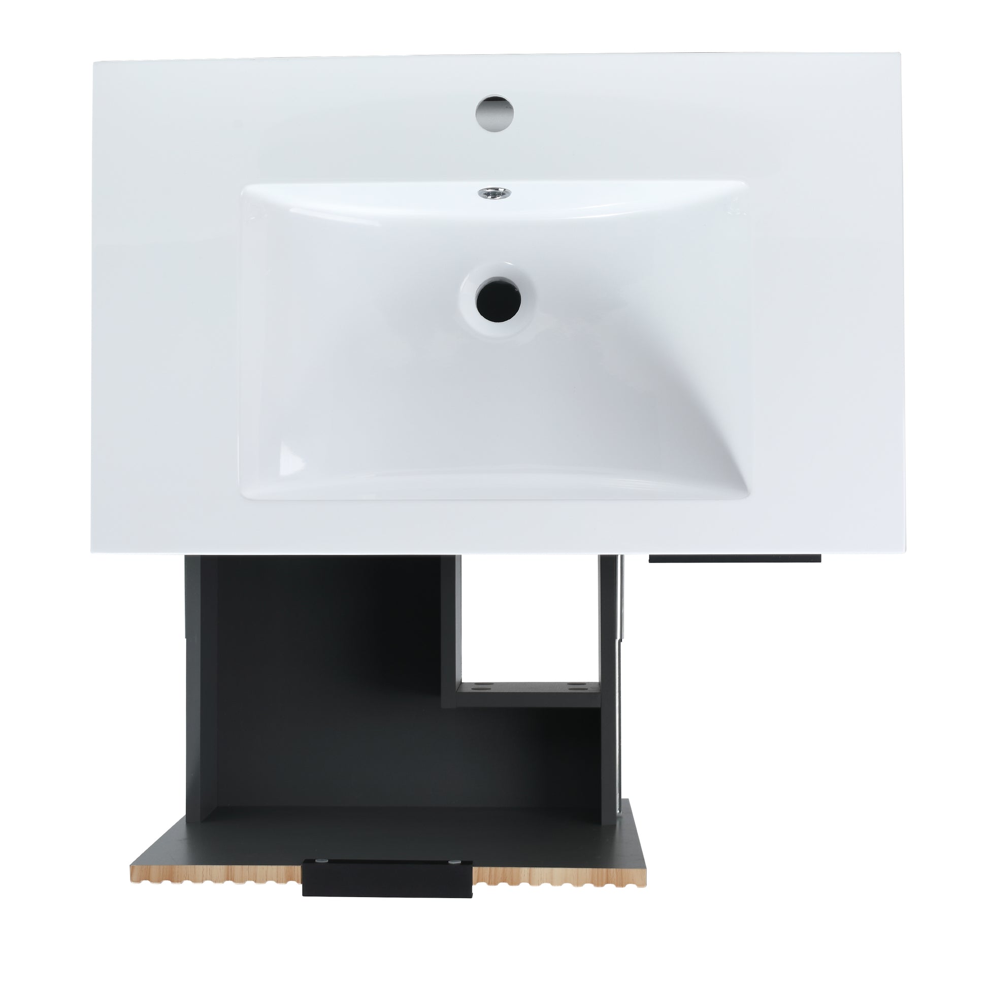 White ceramic bathroom vanity sink with overflow and drain opening
