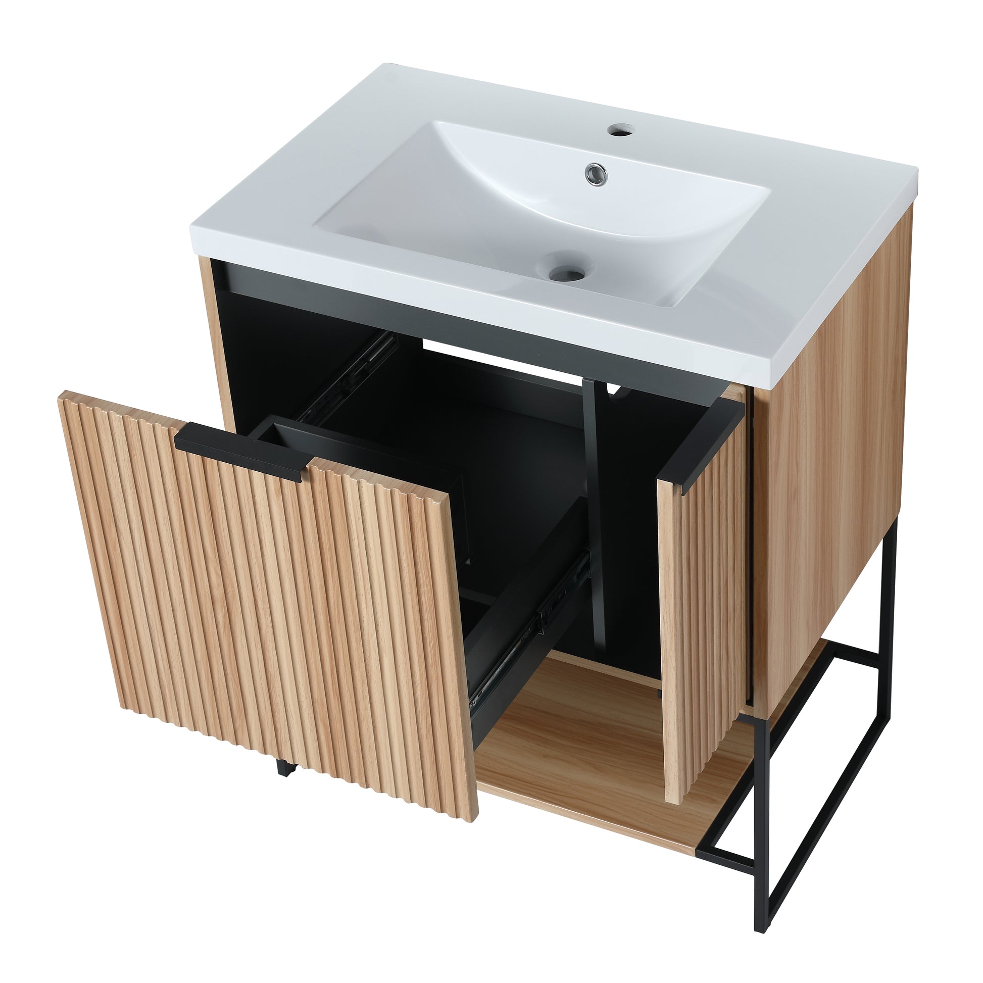 Modern oak vanity with white ceramic sink and fluted door detail