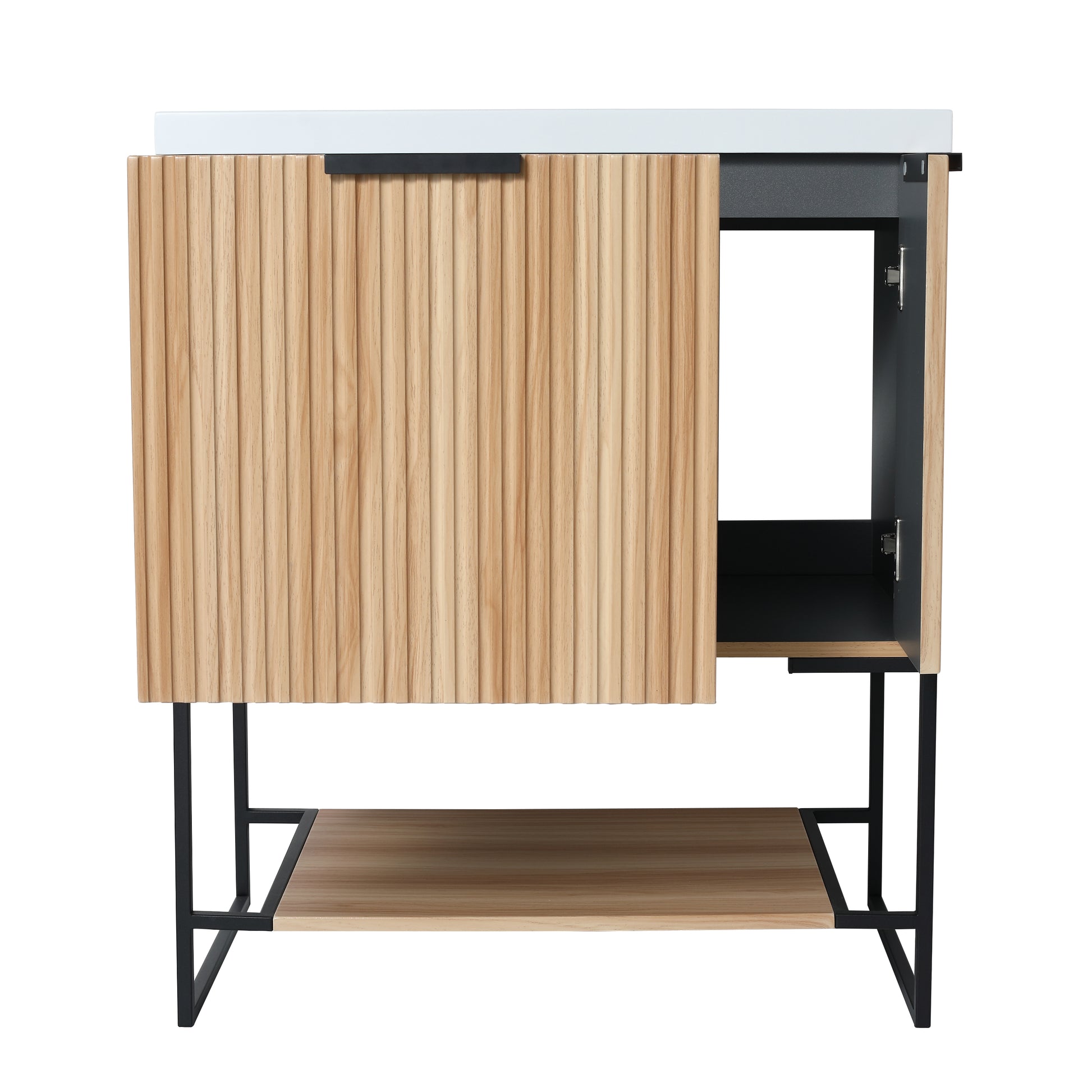 Modern light wood vanity with fluted drawer front and black metal legs