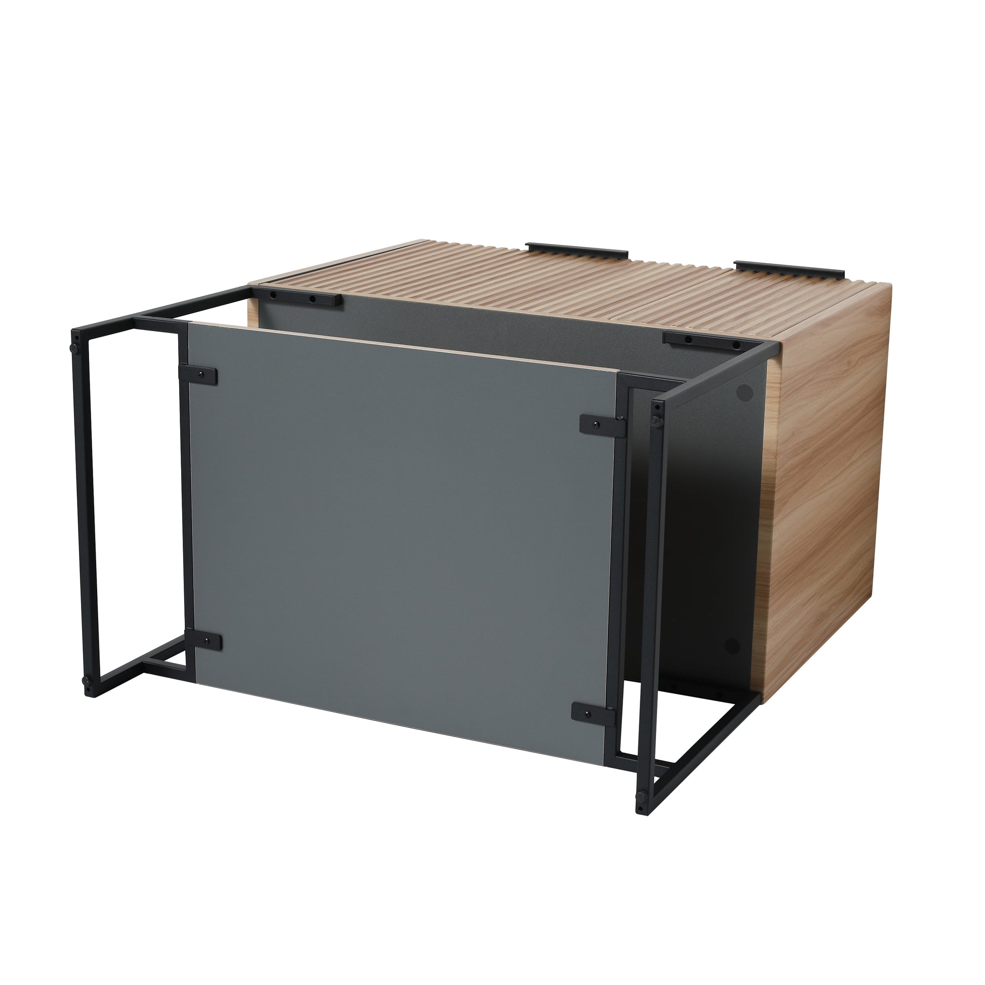 Modern console table with wood grain finish black metal frame and gray side panels