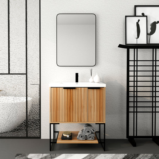 Modern wooden vanity with fluted doors black hardware and open shelf for towels