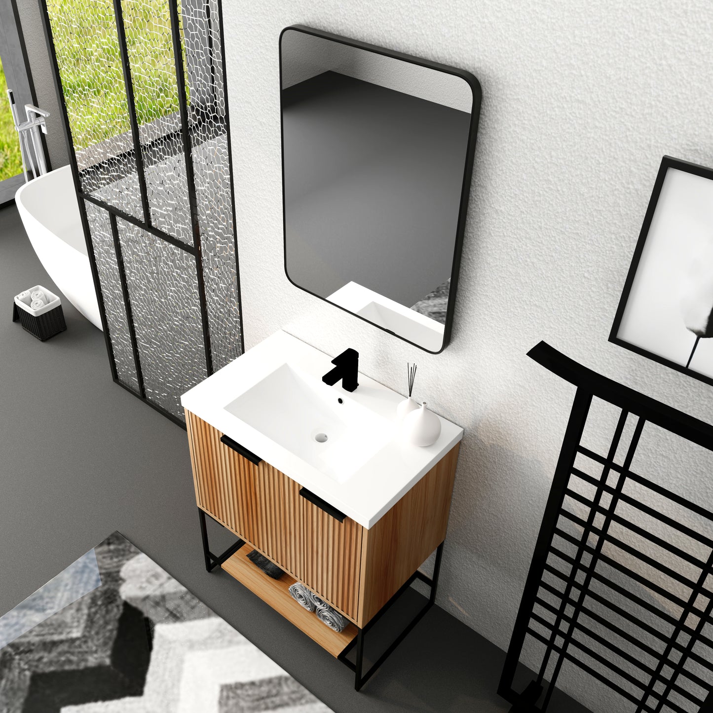 Modern oak bathroom vanity with white sink and black faucet featuring fluted wood doors