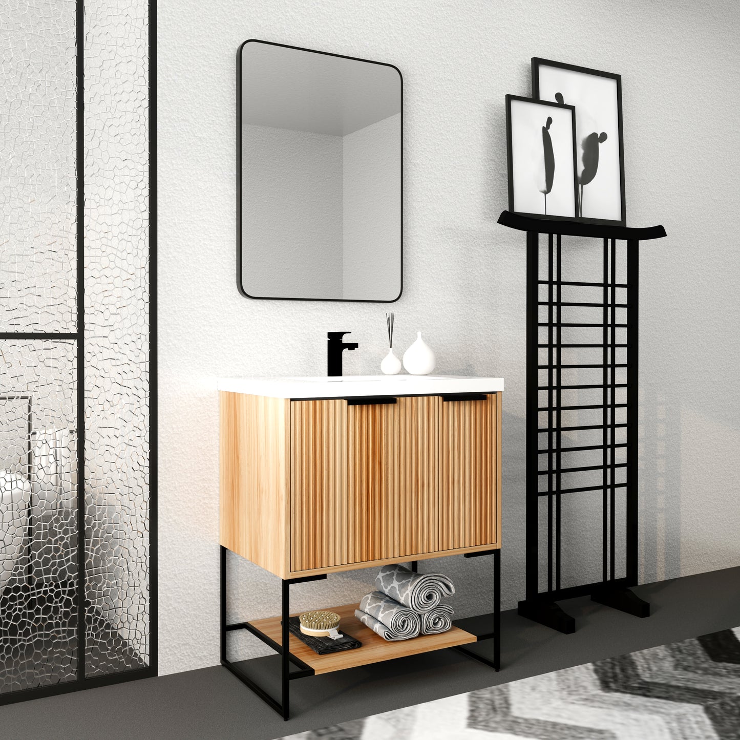 Modern light wood bathroom vanity with fluted doors and matte black hardware