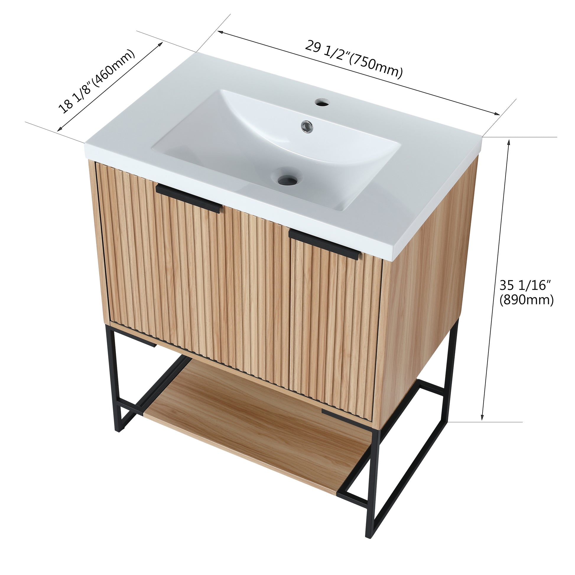 Modern oak vanity with white ceramic sink black handles and open shelf