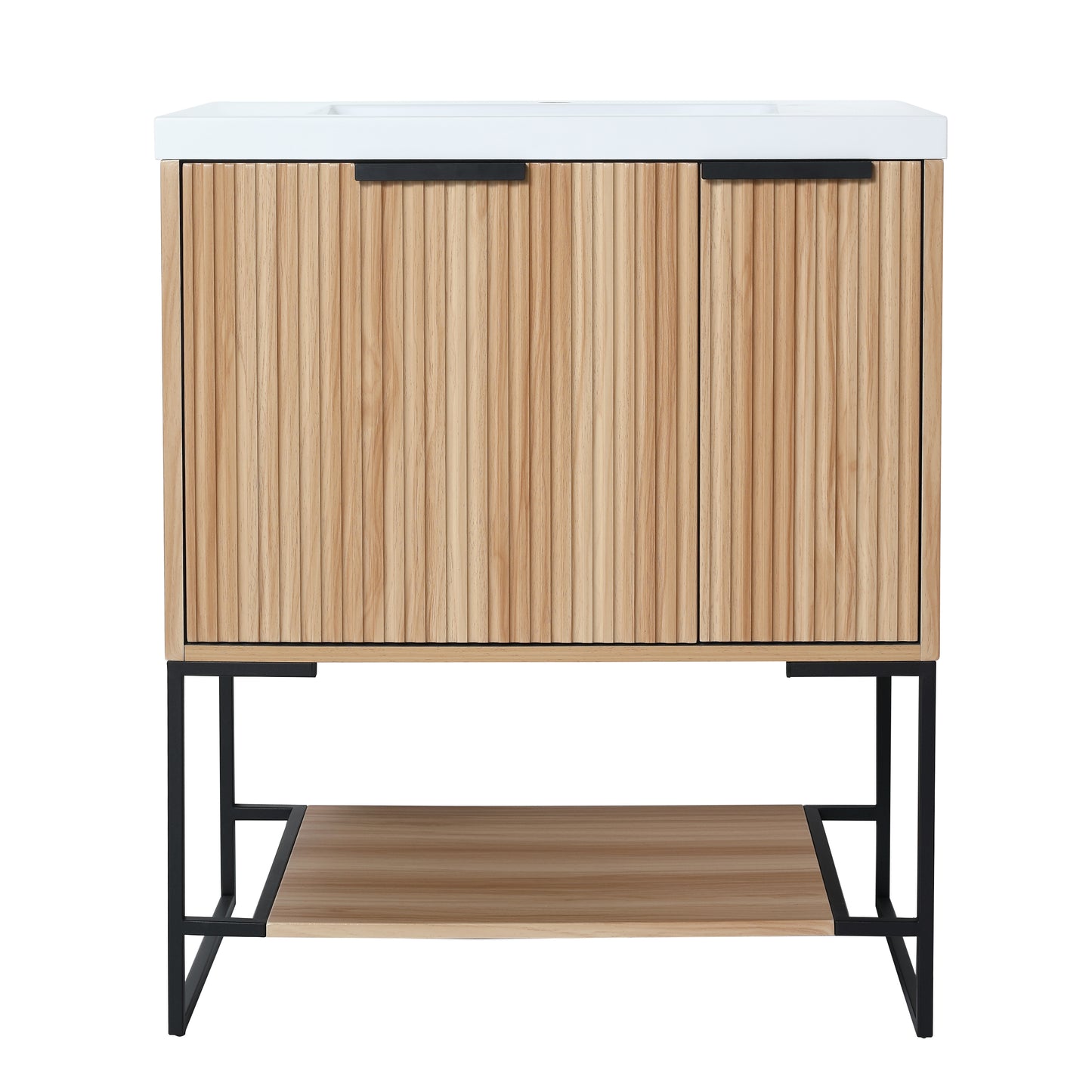 Modern light wood bathroom vanity with fluted doors and black metal legs